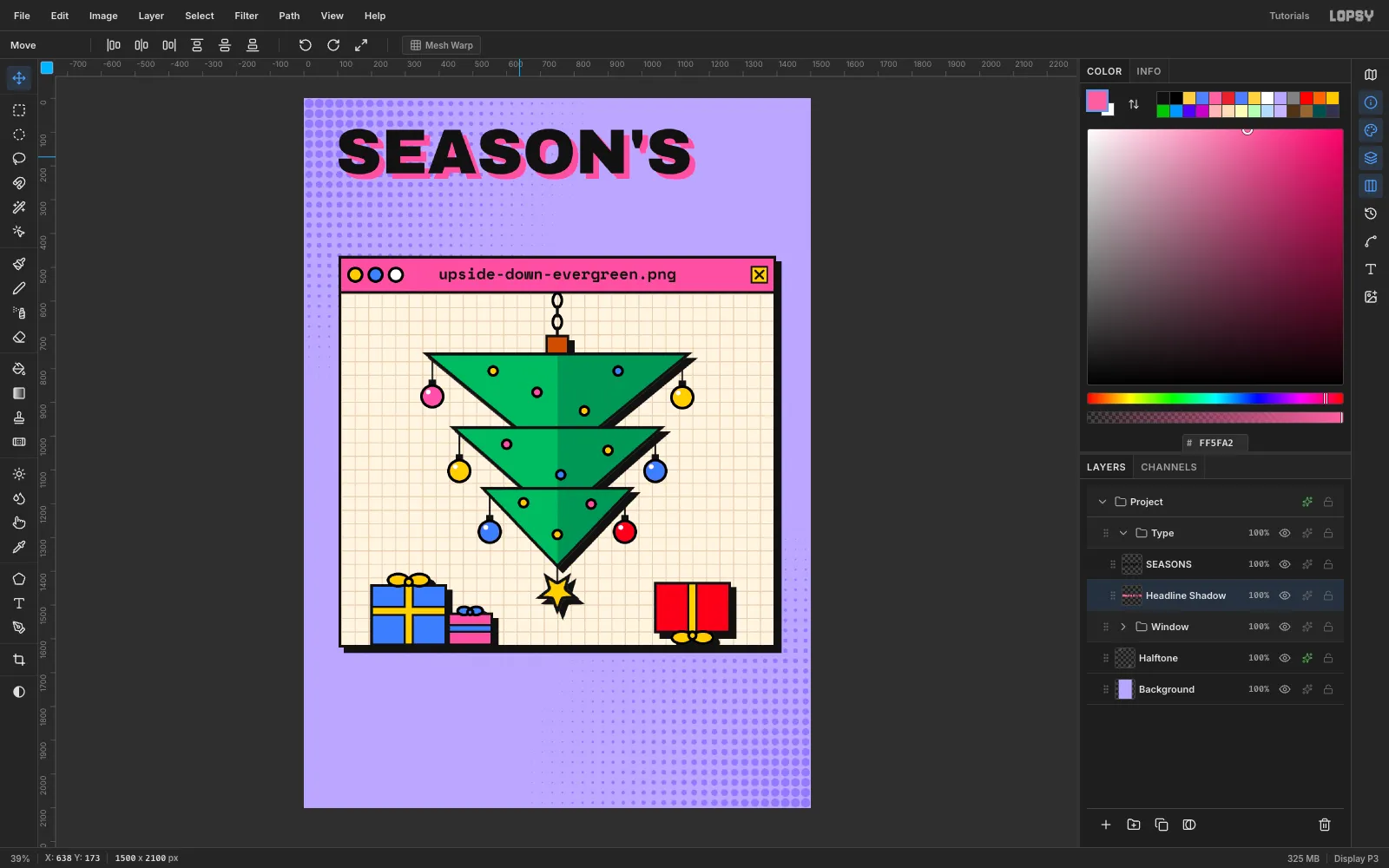 SEASON'S with a solid pink copy of the letters offset 16 pixels down and to the right behind it