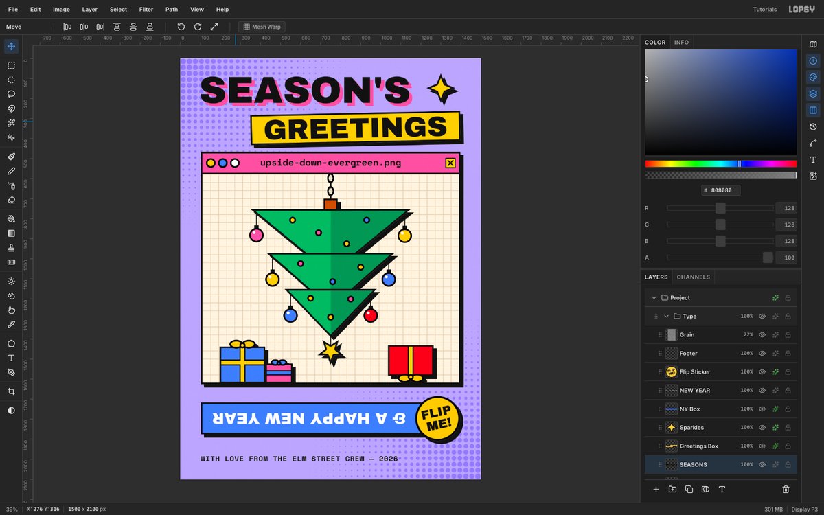 Lopsy editing the finished neubrutalist Christmas card, with an upside-down tree hanging inside a pink retro app window under a SEASON'S GREETINGS headline