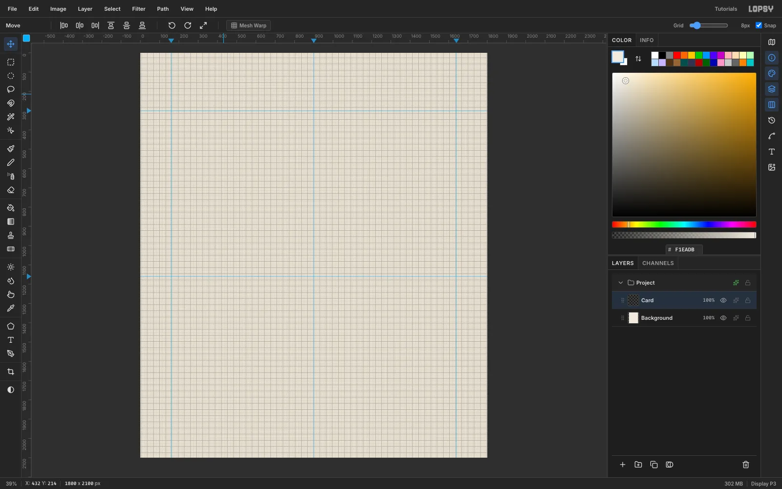 An 1800 by 2100 sand-coloured canvas with an 8 pixel grid and blue guides at x 160, 900 and 1640 and y 300 and 1160