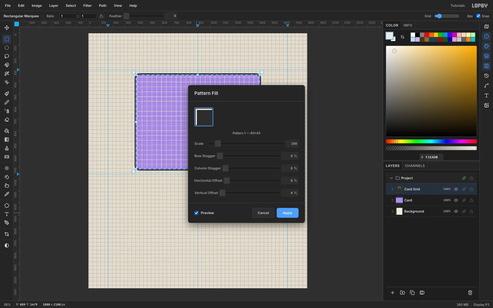 The Pattern Fill dialog with a 40 by 40 grid tile selected and its preview showing pale grid lines across the lavender card
