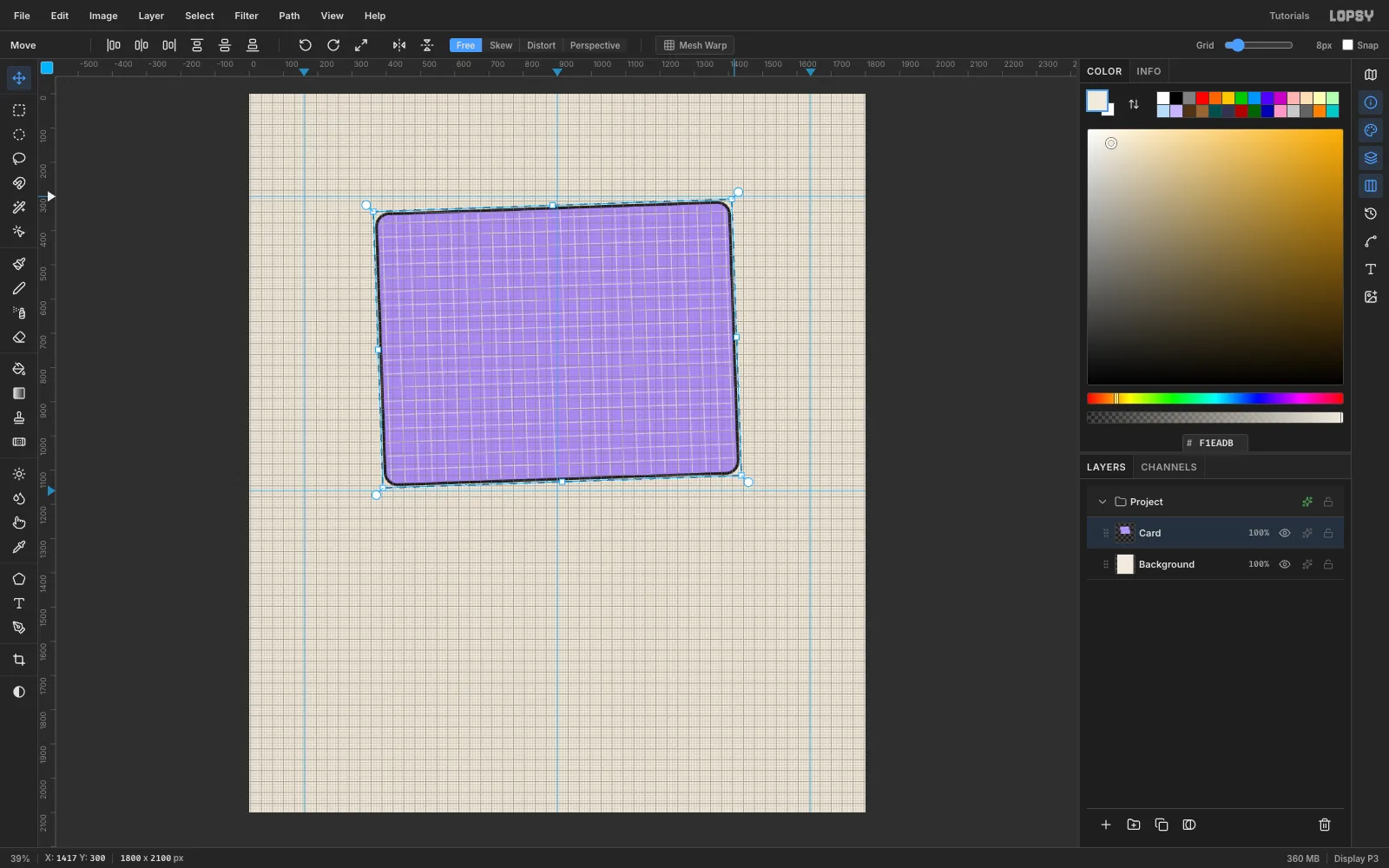 The card rotated slightly anticlockwise with the transform handles still showing