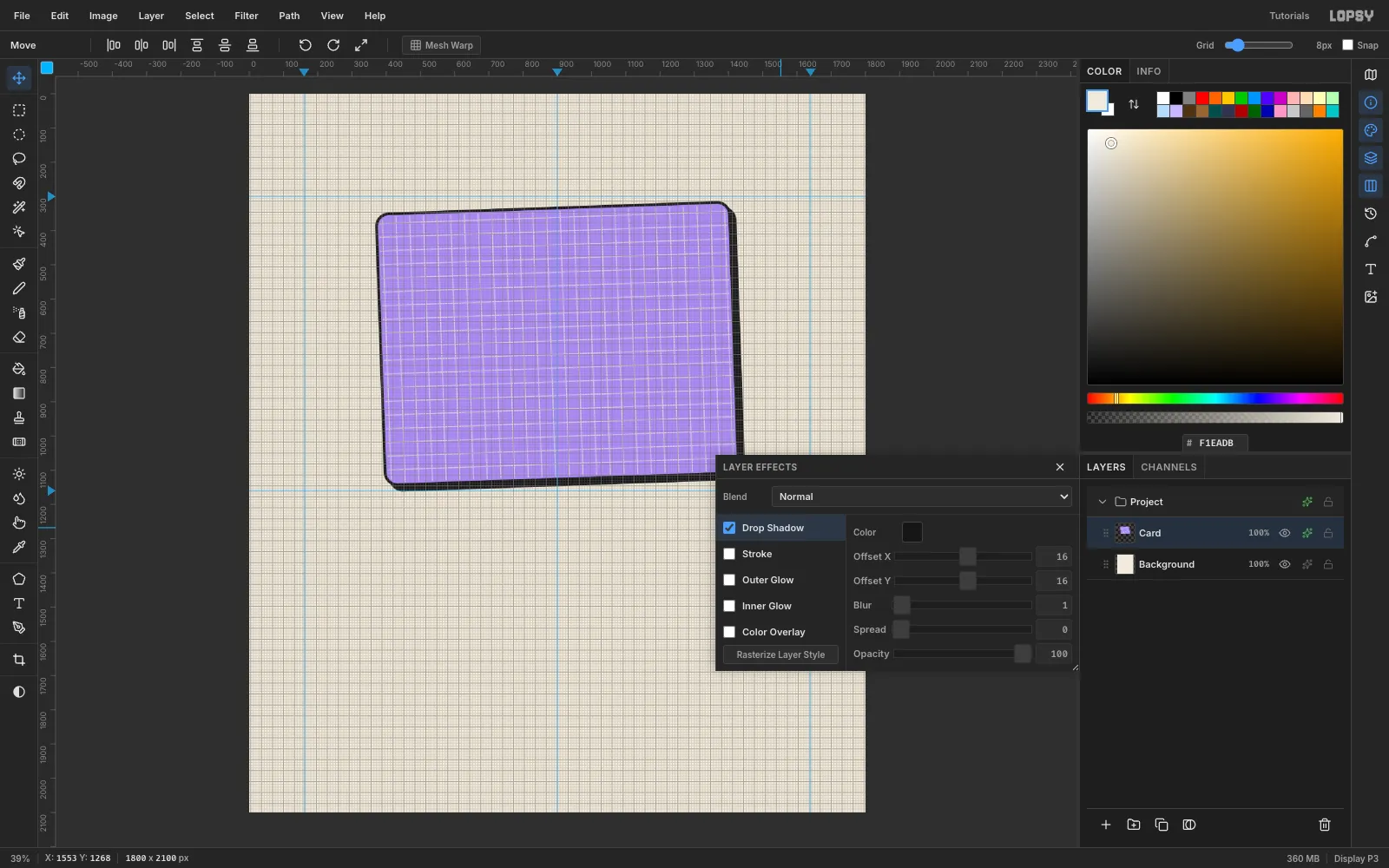 The Layer Effects drawer with Drop Shadow set to Offset X 16, Offset Y 16, Blur 1, Spread 0, Opacity 100, and a solid black shadow under the card