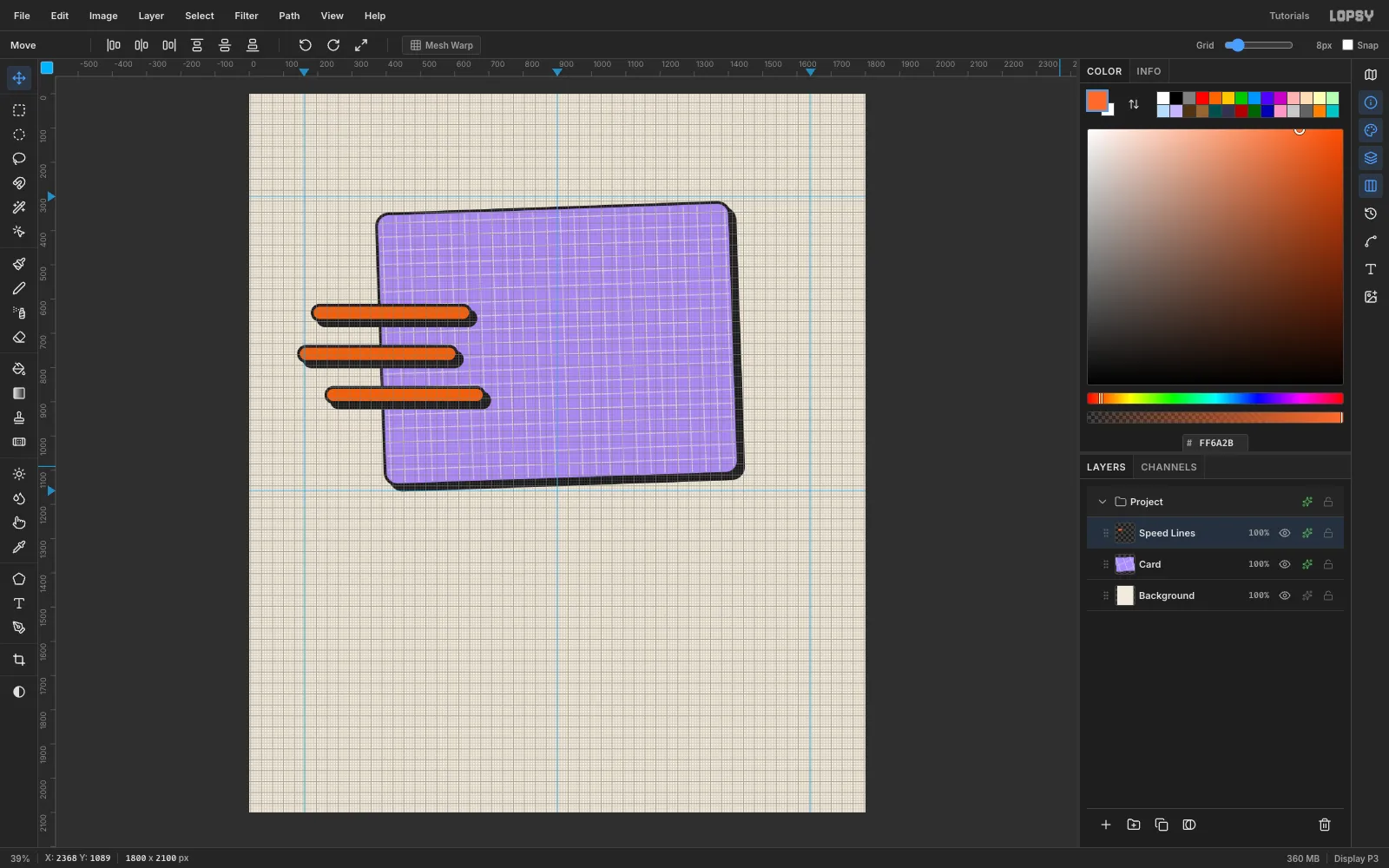 Three staggered orange speed lines with hard black shadows streaking left out of the card