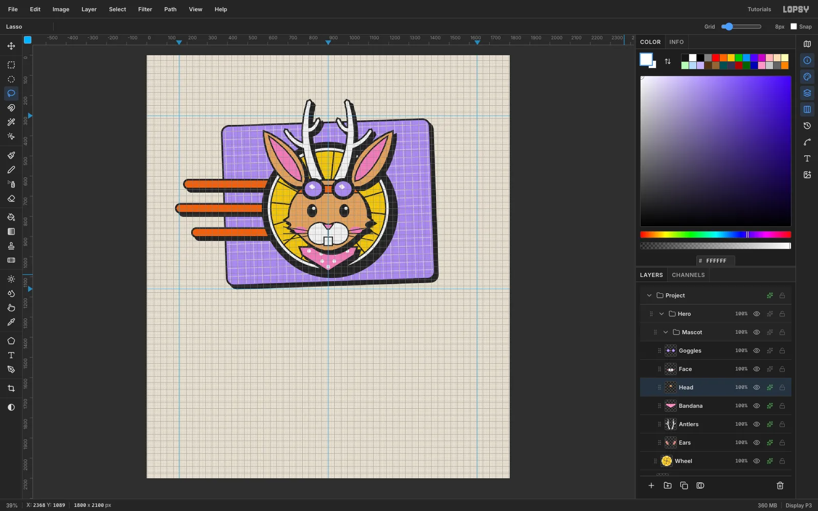 The finished mascot with hard shadows under the ears, antlers, head and bandana, falling onto the wheel and card