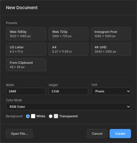 The New Document dialog with Width 1080, Height 1350 in pixels and a White background