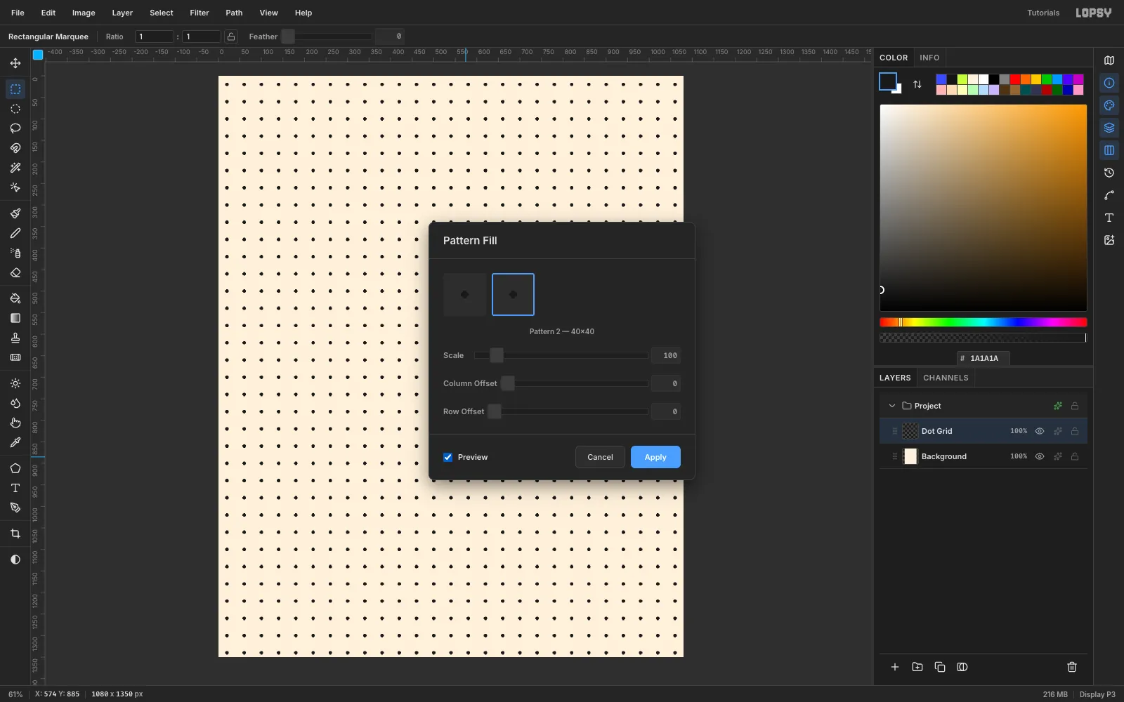 The Pattern Fill dialog previewing a grid of small black dots across the cream canvas