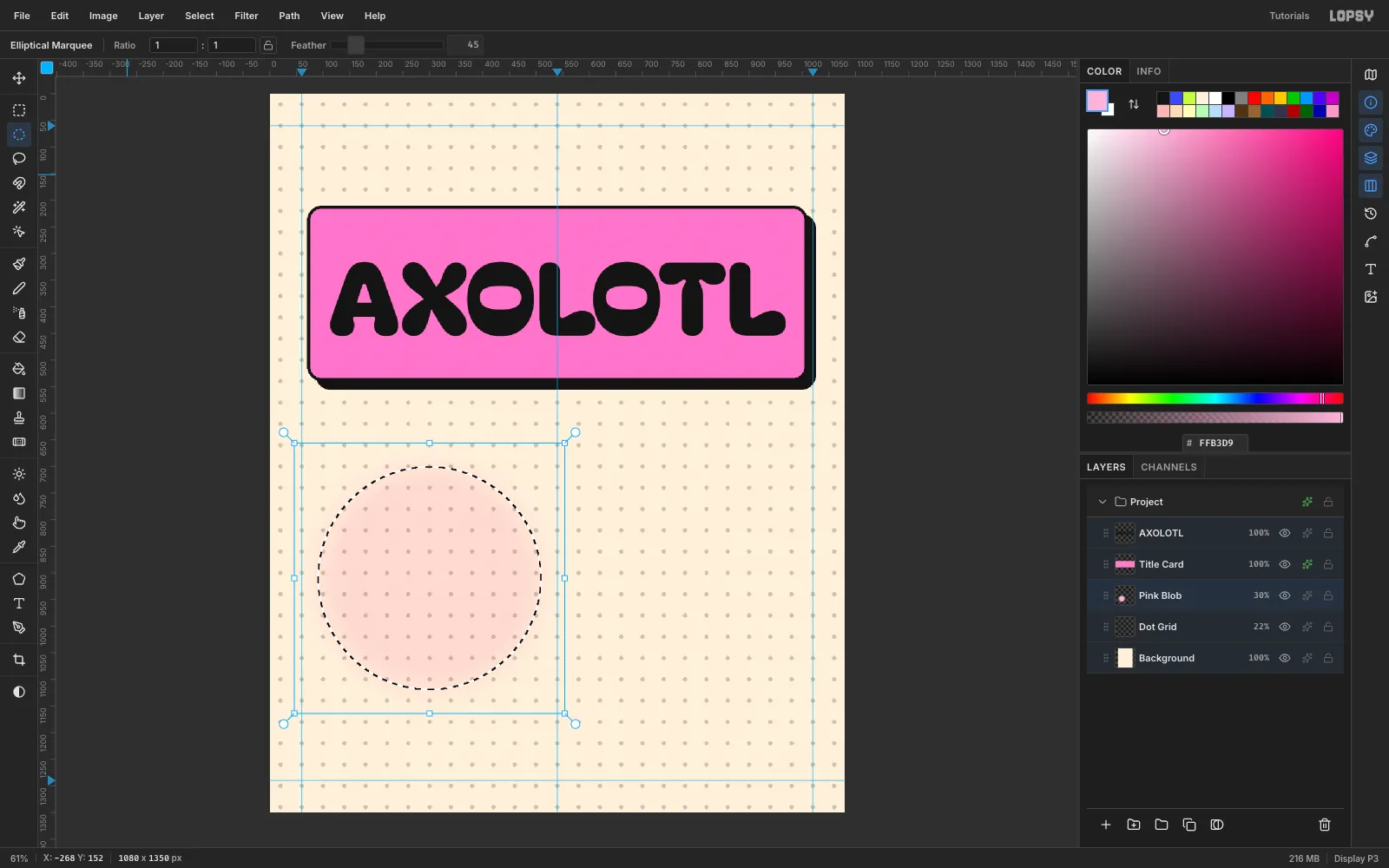 A soft-edged pink circle in the lower left of the dotted canvas, made with a feathered elliptical selection
