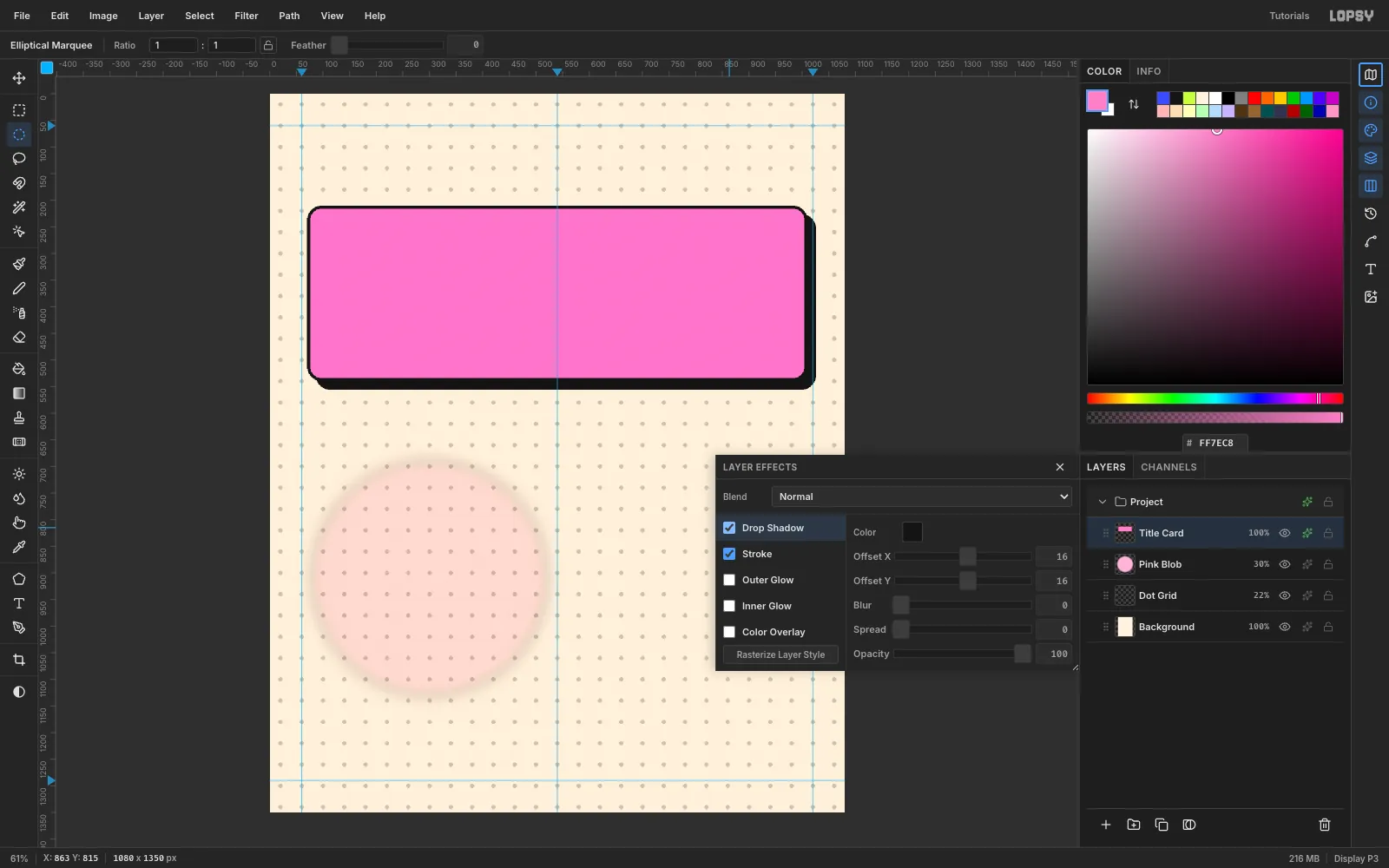 A pink rounded rectangle with a thick black inside stroke and a solid black shadow offset down and right, with the Layer Effects drawer open
