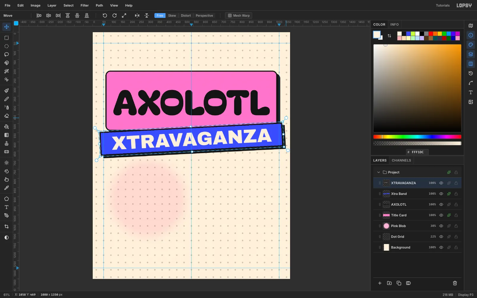 A blue band with cream XTRAVAGANZA type being rotated with the Move tool's transform handles, overlapping the bottom of the pink slab