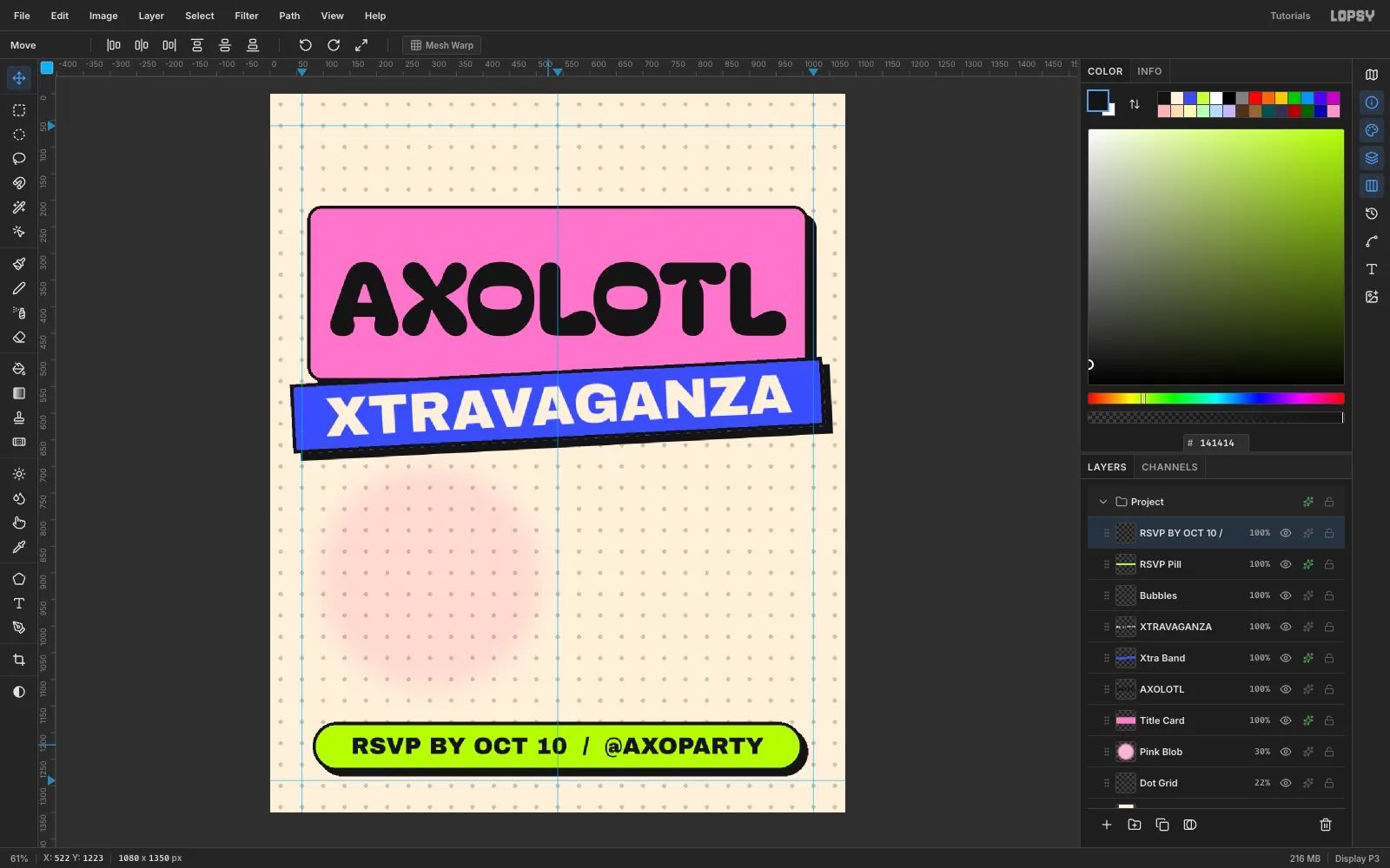 A lime pill with black RSVP BY OCT 10 / @AXOPARTY type near the bottom of the invitation, with a black outline and offset shadow