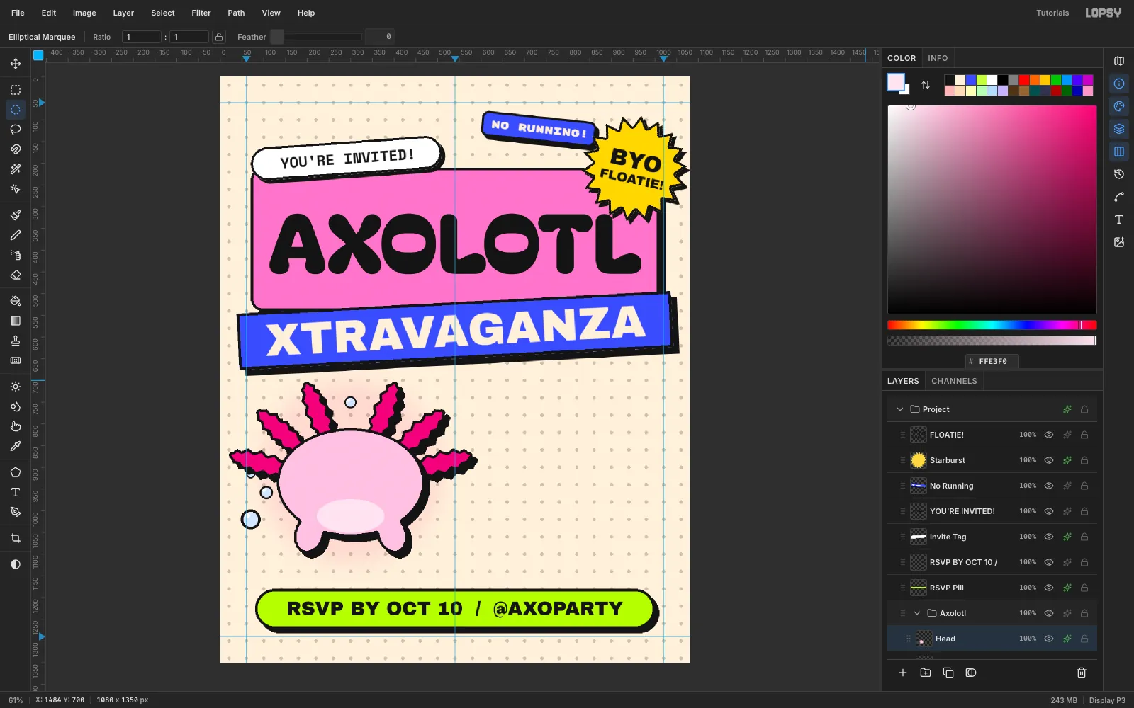 A pink axolotl head with six zigzag magenta gills, stubby arms and a pale belly, all with black outlines and offset shadows