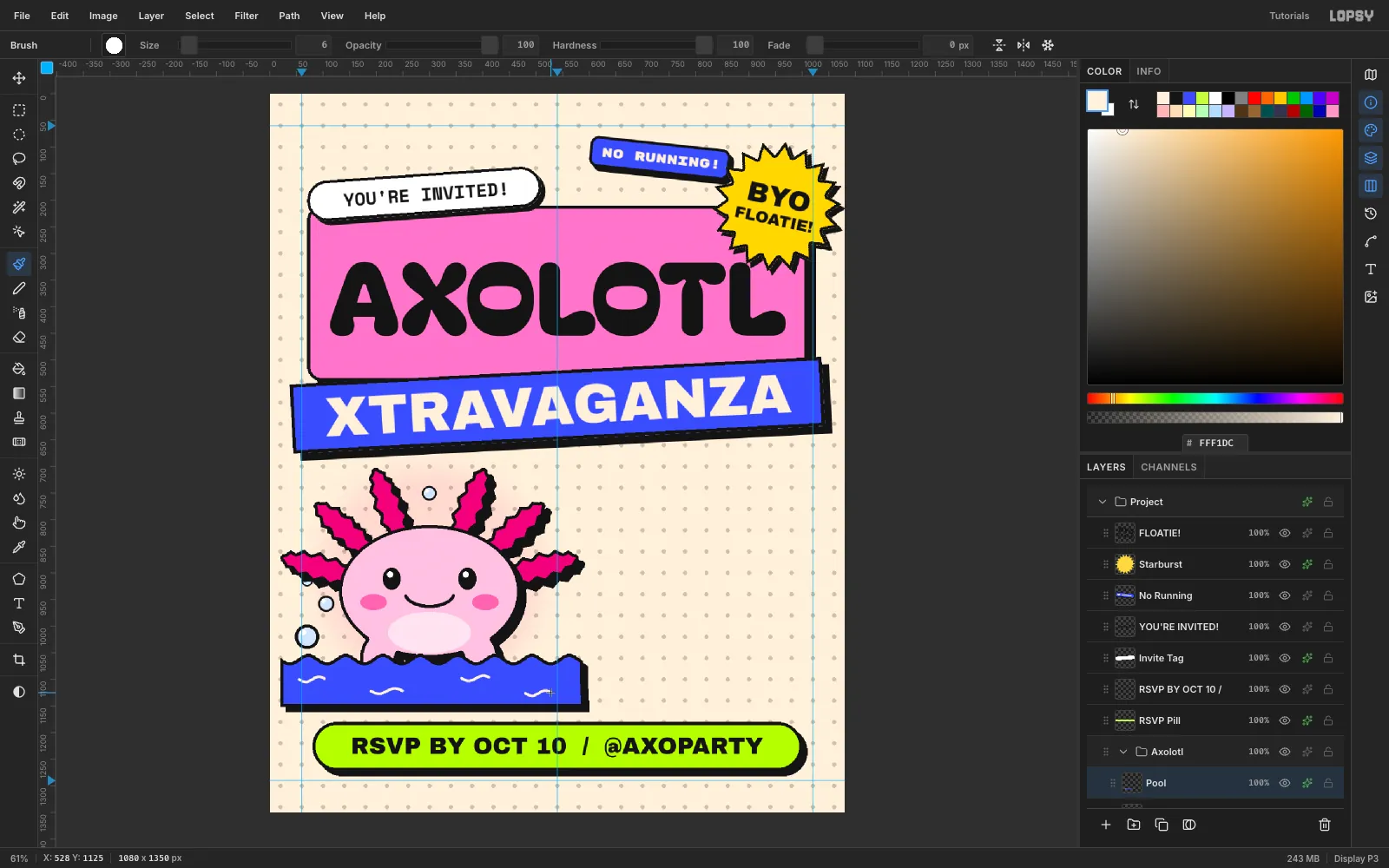 The axolotl with black oval eyes, pink cheeks and a smile, sitting in a wavy cobalt pool with cream ripple strokes