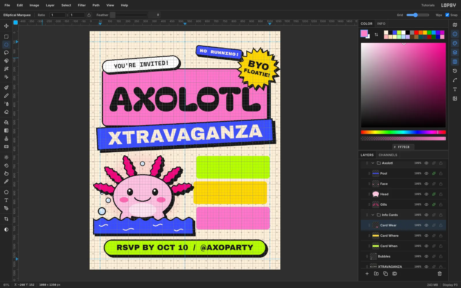 Three rounded rectangles in lime, yellow and pink stacked on the right with the 16 px grid visible, and small black tabs on their top edges