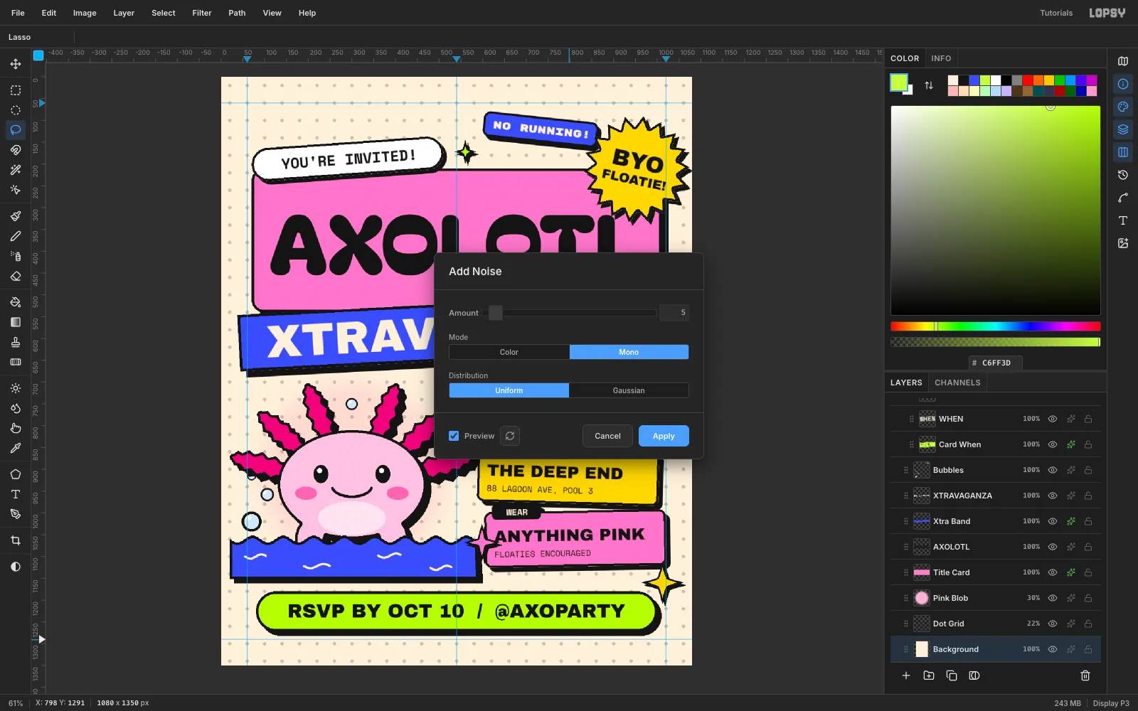 The Add Noise dialog set to Amount 5, Mono, previewing fine grain on the cream background, with four-point sparkles placed around the design