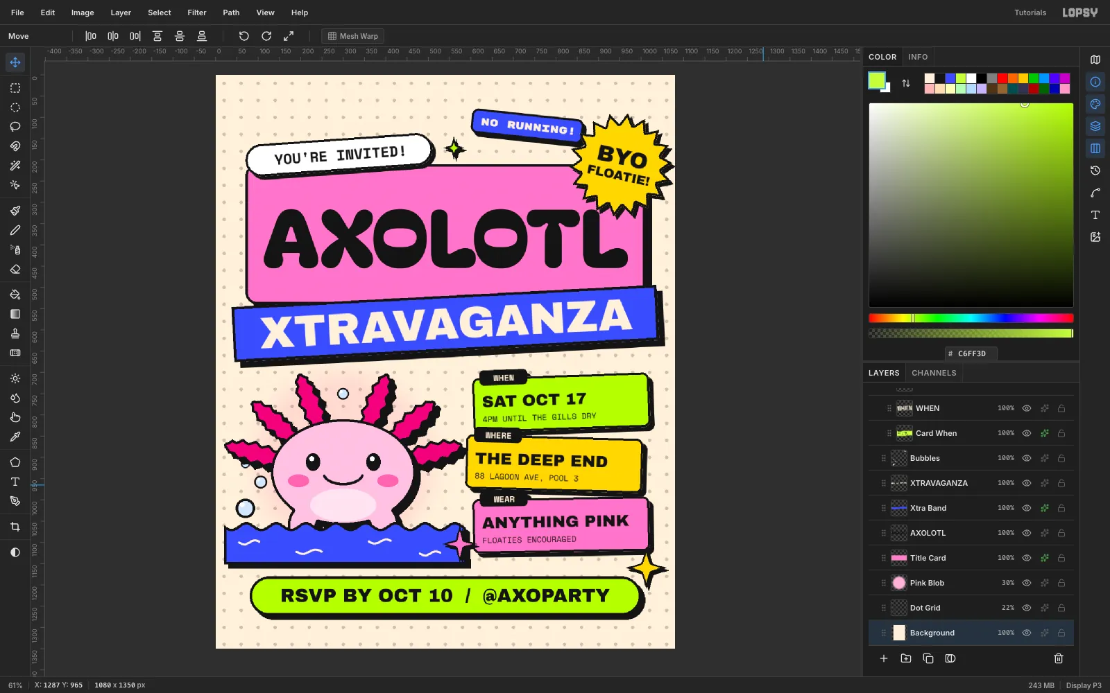 The finished invitation in the Lopsy workspace with the Layers panel showing the Axolotl and Info Cards groups