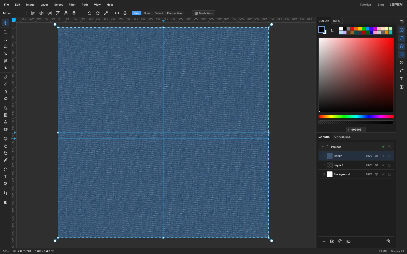A 1400 by 1400 canvas filled with a blue denim photo, crossed by one vertical and two horizontal blue guides