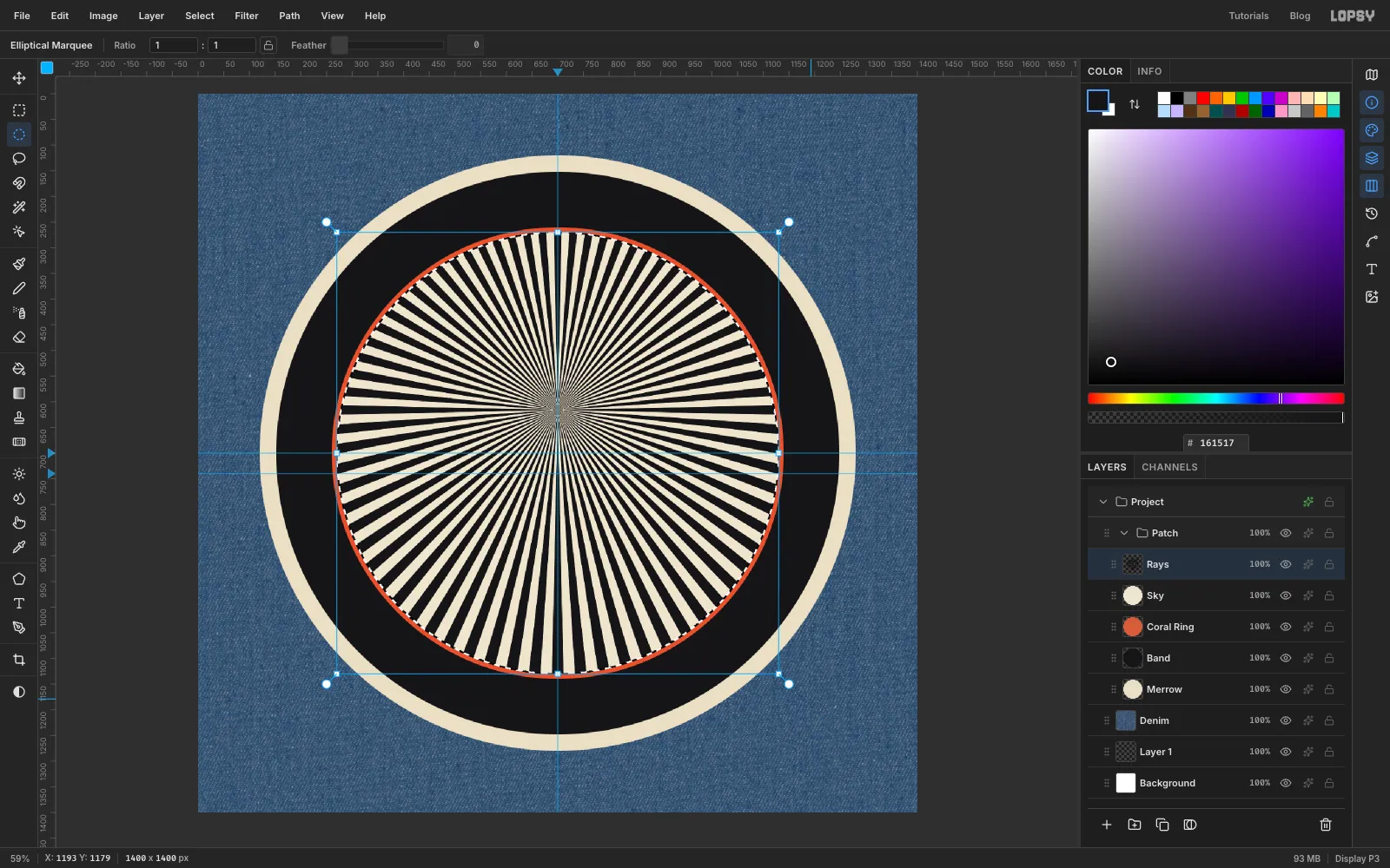 Seventy-two black rays radiating across the cream inner disc, clipped neatly inside the coral ring