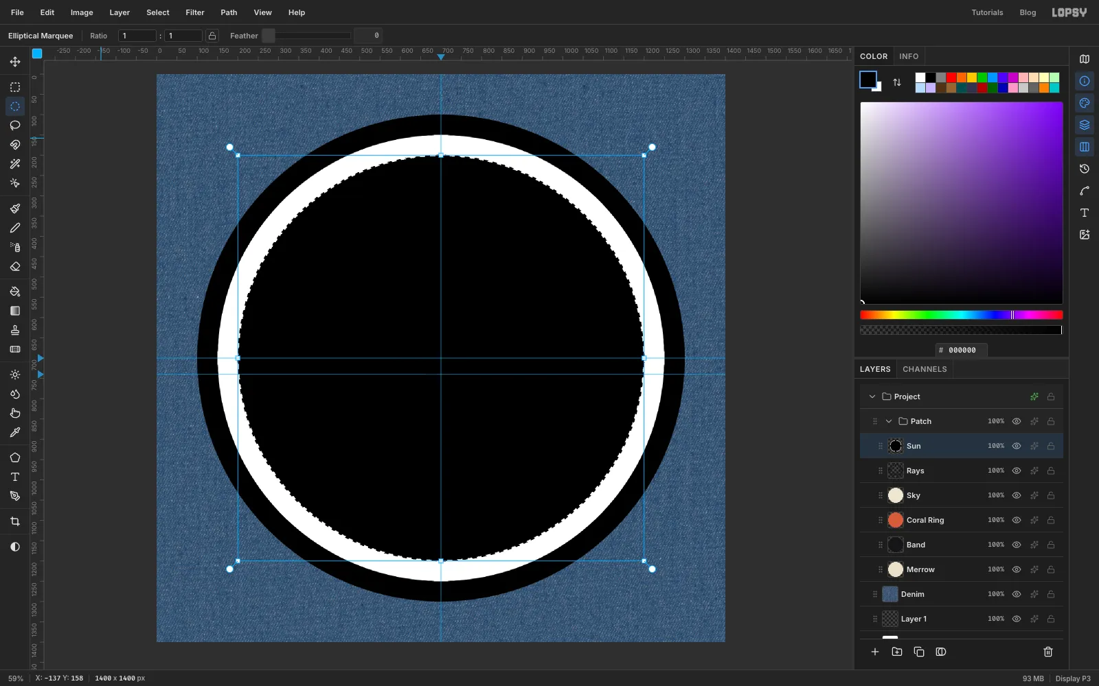 A big black circle with a white ring and a black disc inside it, the marquee around the inner black disc
