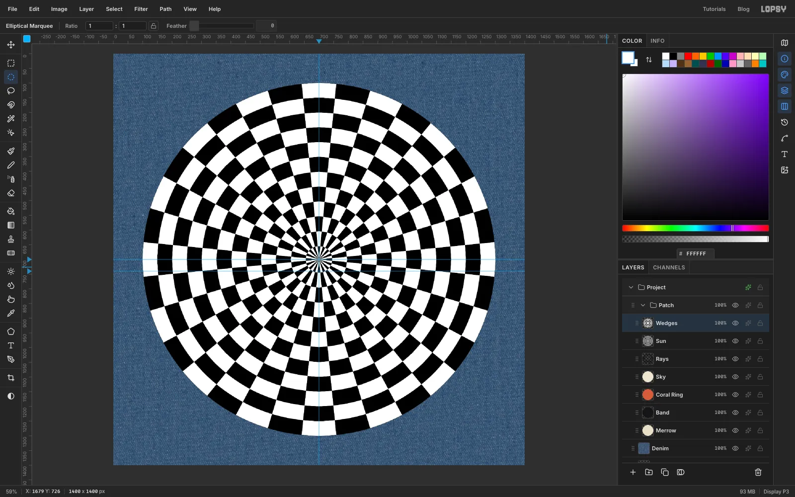 The ring target cut into a polar checkerboard by sixteen white wedges set to Difference