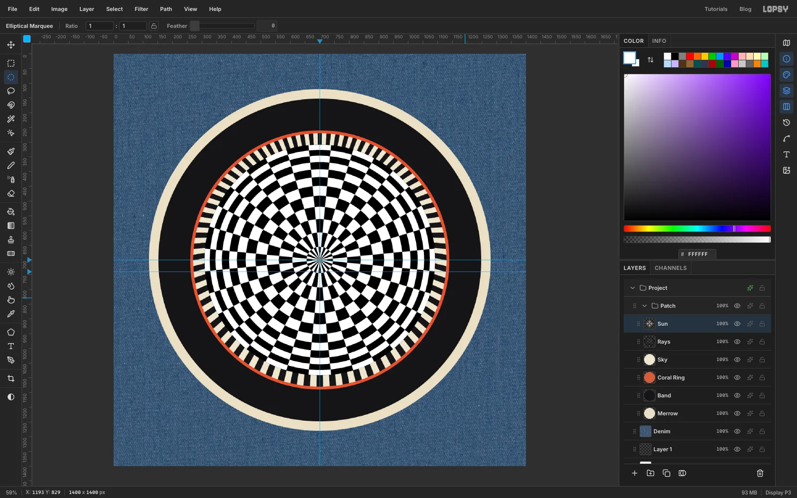 The checkerboard after two barrel Lens Distortion passes, its outer rings visibly squeezed and the whole disc smaller