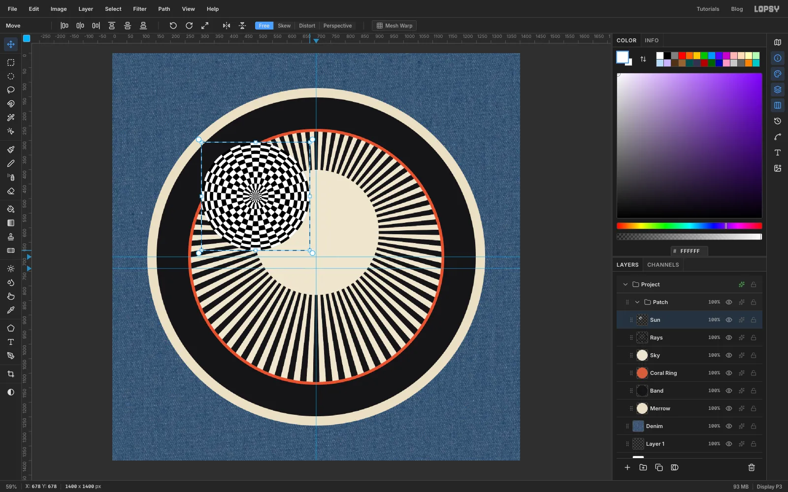 The checkered sun shrunk to a 370 px disc in the top-left corner of its transform box, the original position empty