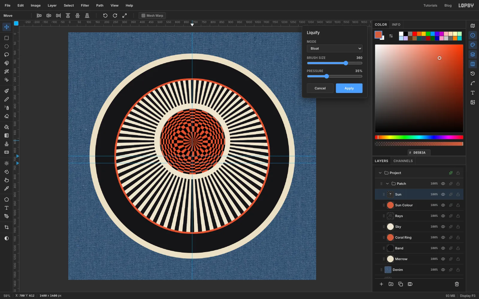 The sun recoloured coral and black, with the Liquify panel open in Bloat mode