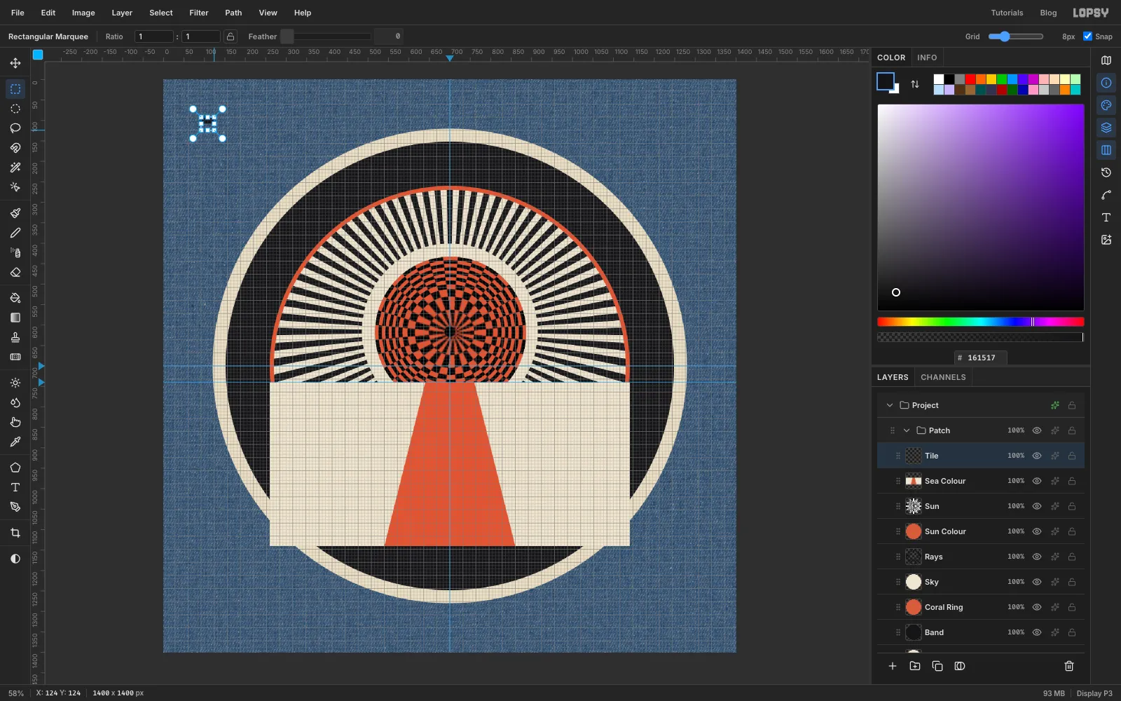 The grid switched on and a 32 px square marquee around a tile whose top half is black, at the top left of the canvas