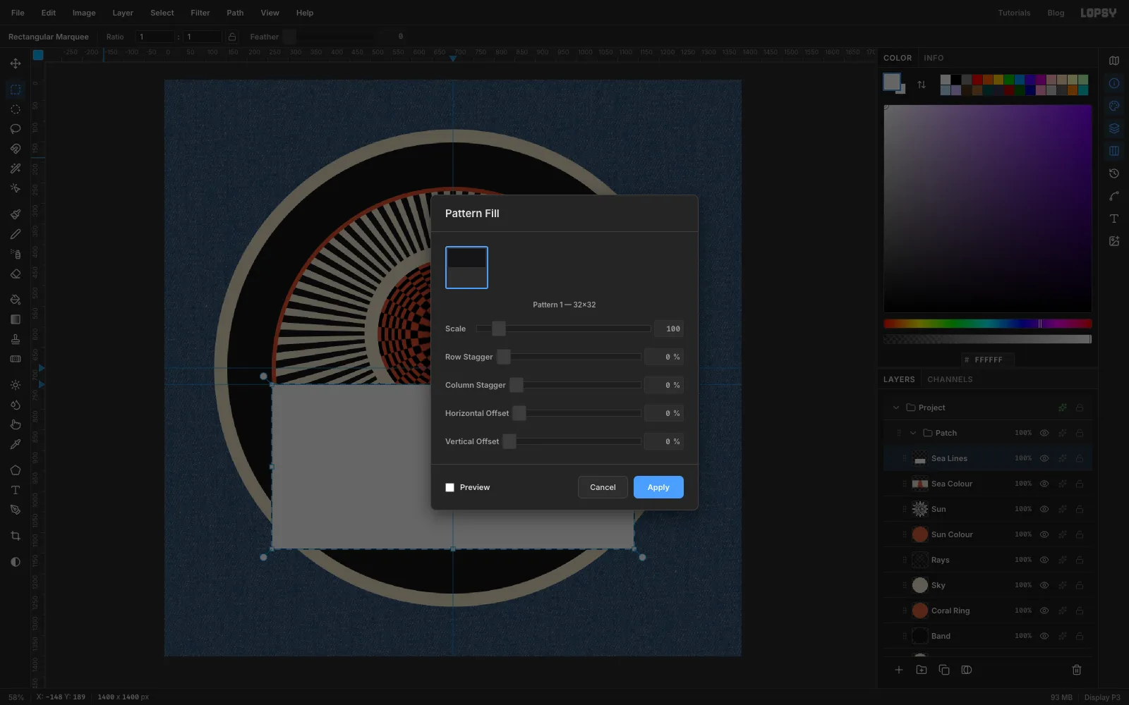 The Pattern Fill dialog showing the 32 by 32 stripe tile at 100 percent scale, over a white-filled rectangle