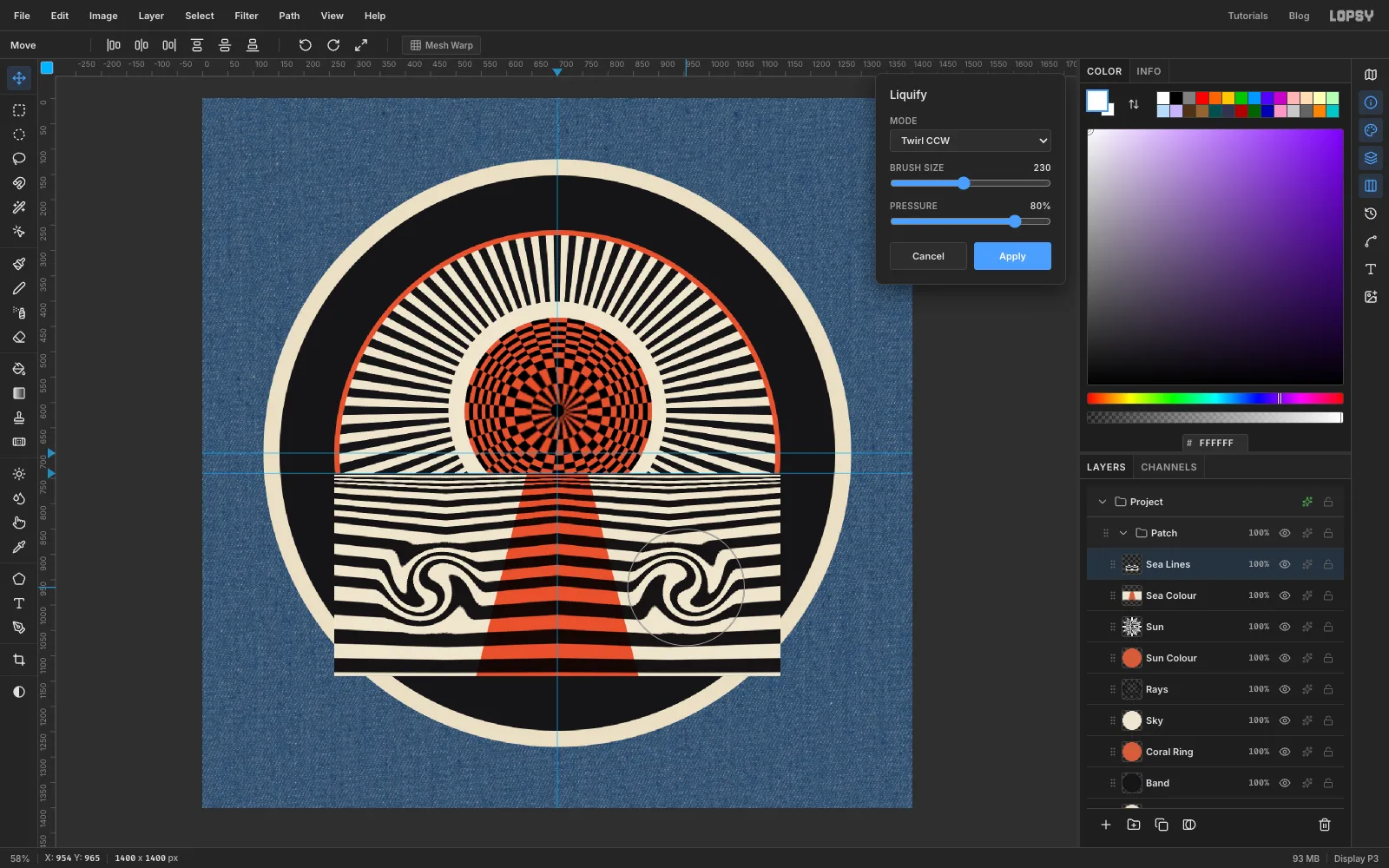 The Liquify panel in Twirl CCW mode, with both curling eddies twisted into the lower sea
