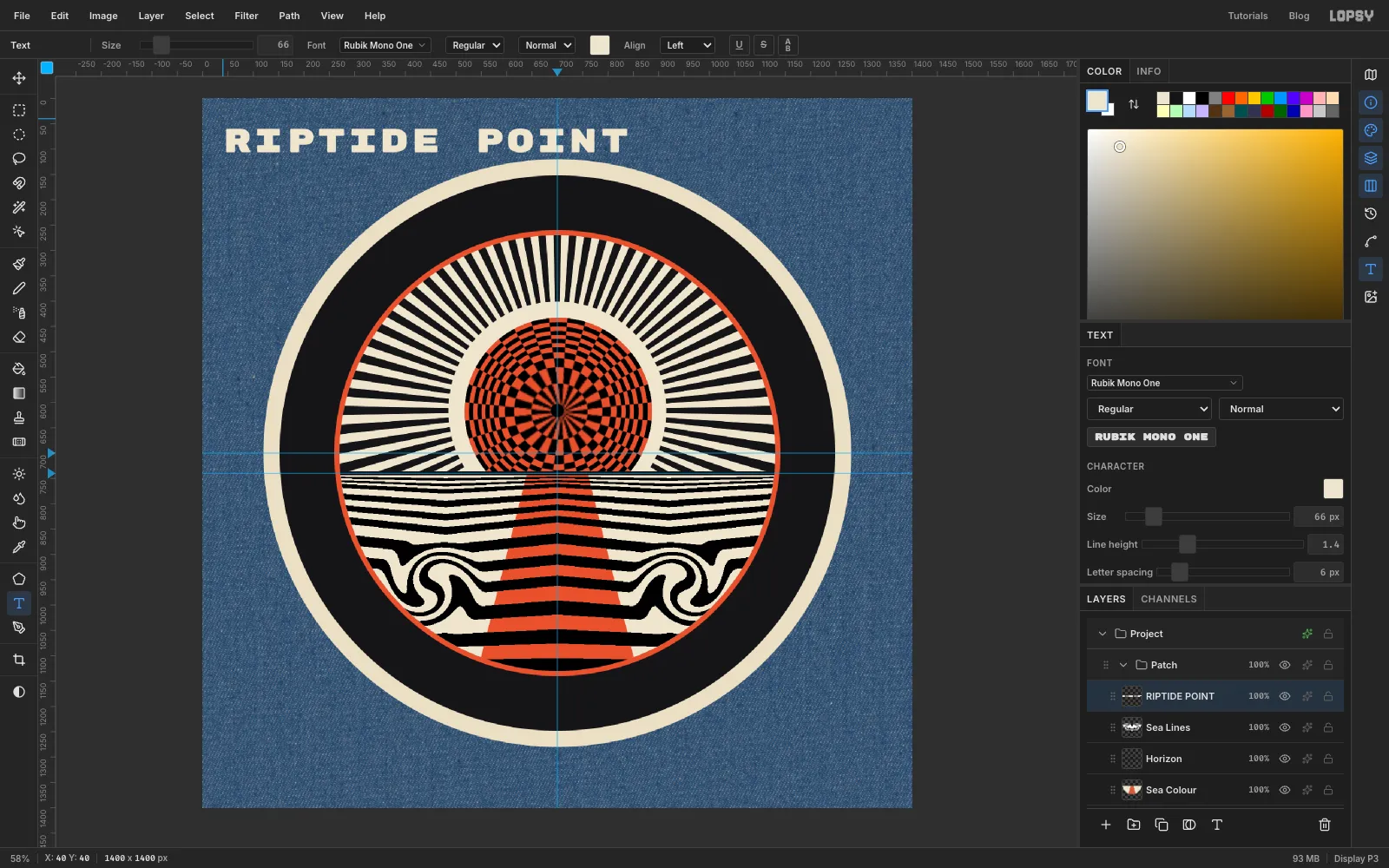 RIPTIDE POINT set in cream Rubik Mono One in the top-left corner of the canvas, before it is put on a path