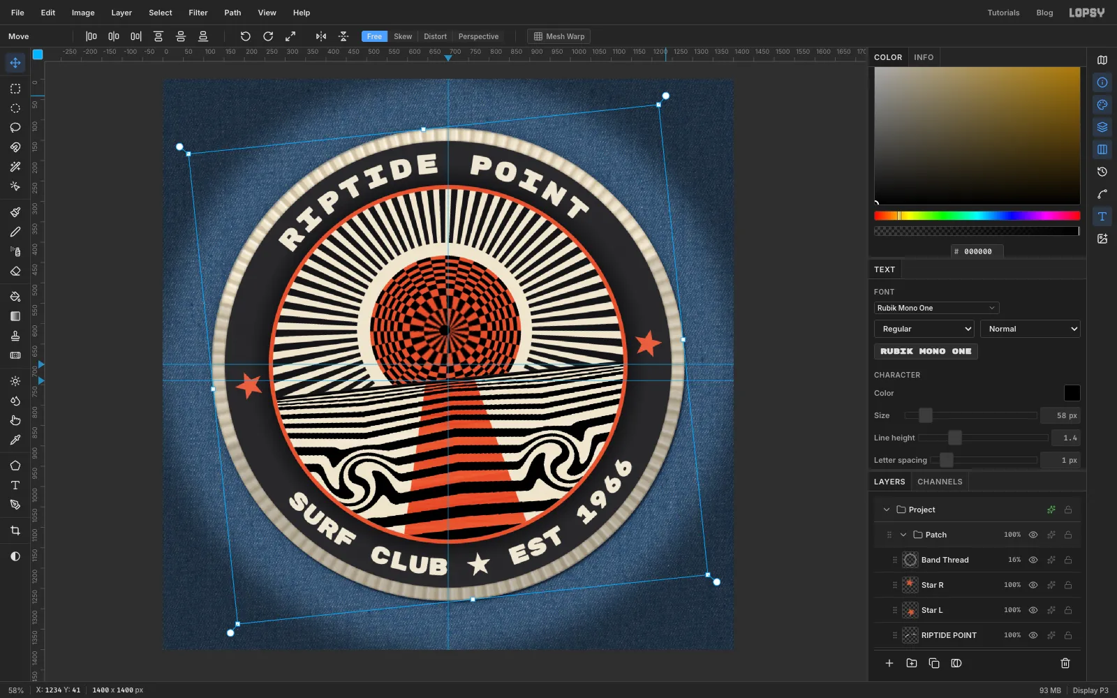 The Patch group selected with its transform box tilted a few degrees mid-rotation