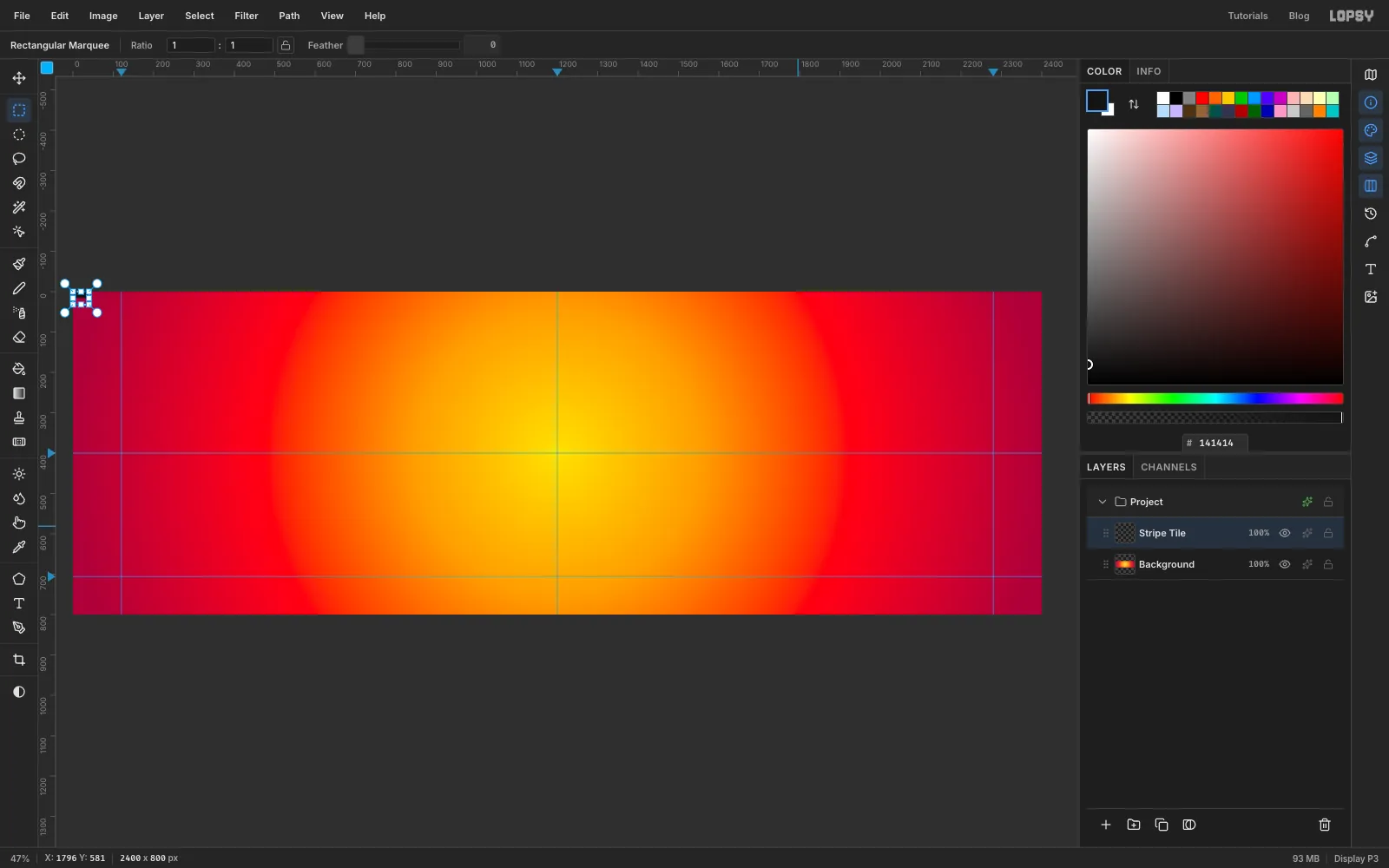 A tiny black bar in the top-left corner of the canvas with a 40 by 32 marquee around it, ready to be defined as a pattern