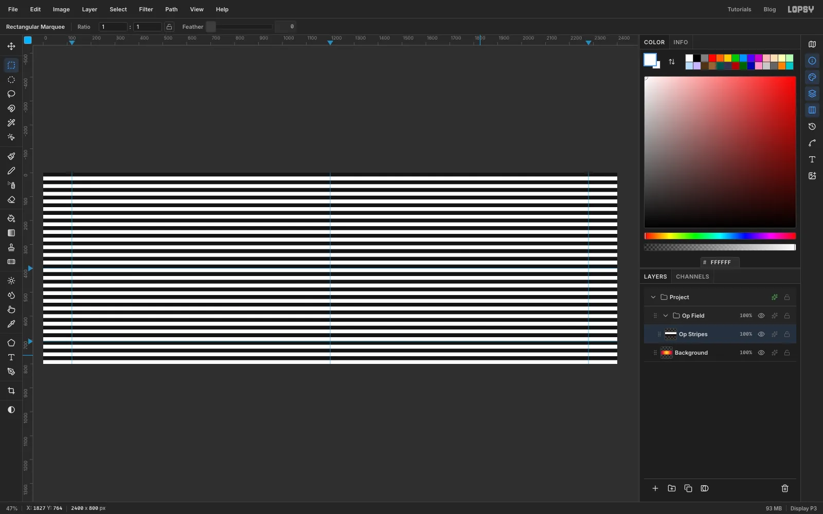 The canvas covered in even horizontal black and white stripes, with an Op Field group in the Layers panel holding the new Op Stripes layer