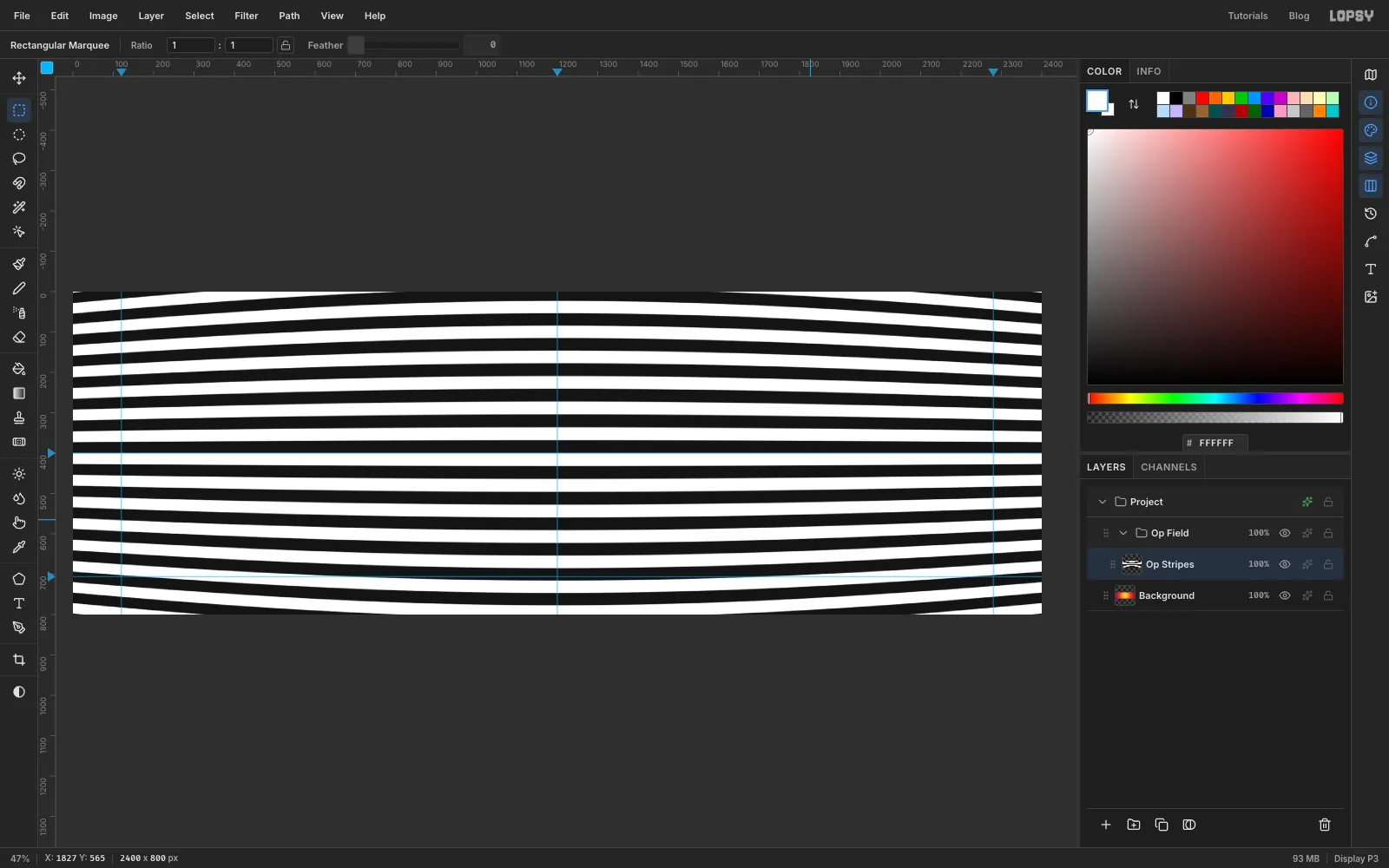 The stripes after Lens Distortion: wider and bowed outward in the middle of the canvas, thin and squeezed towards both ends