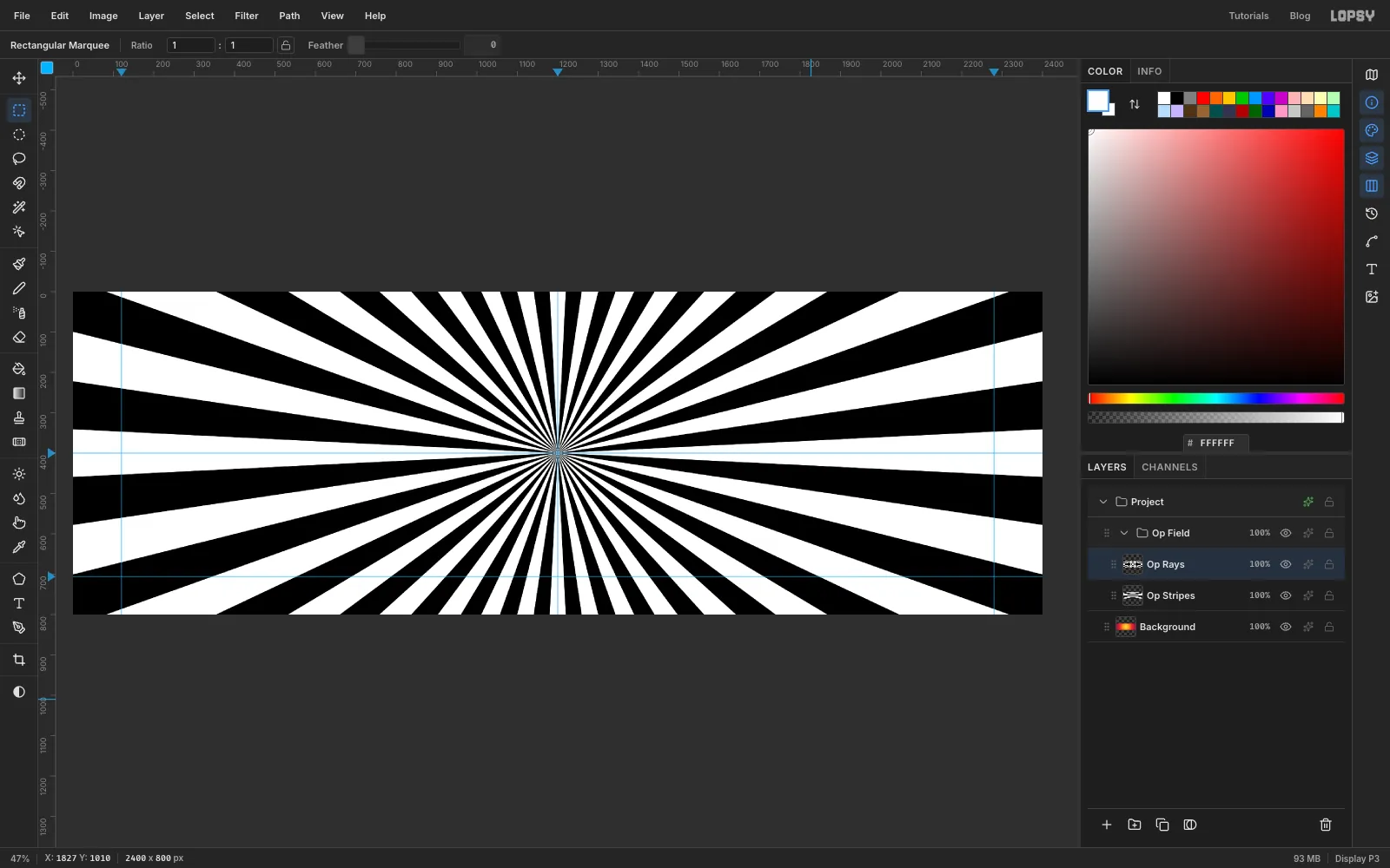 A new layer filled black with 32 white rays bursting out of the centre of the canvas