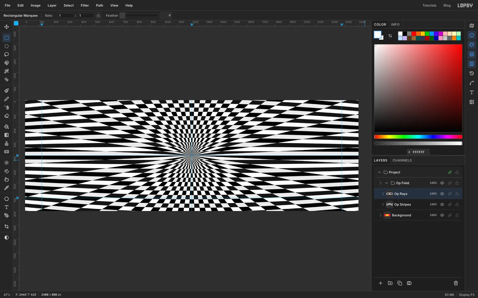 The Op Rays layer set to Difference: every ray flips the stripes it crosses, giving a black and white checker that radiates from the centre