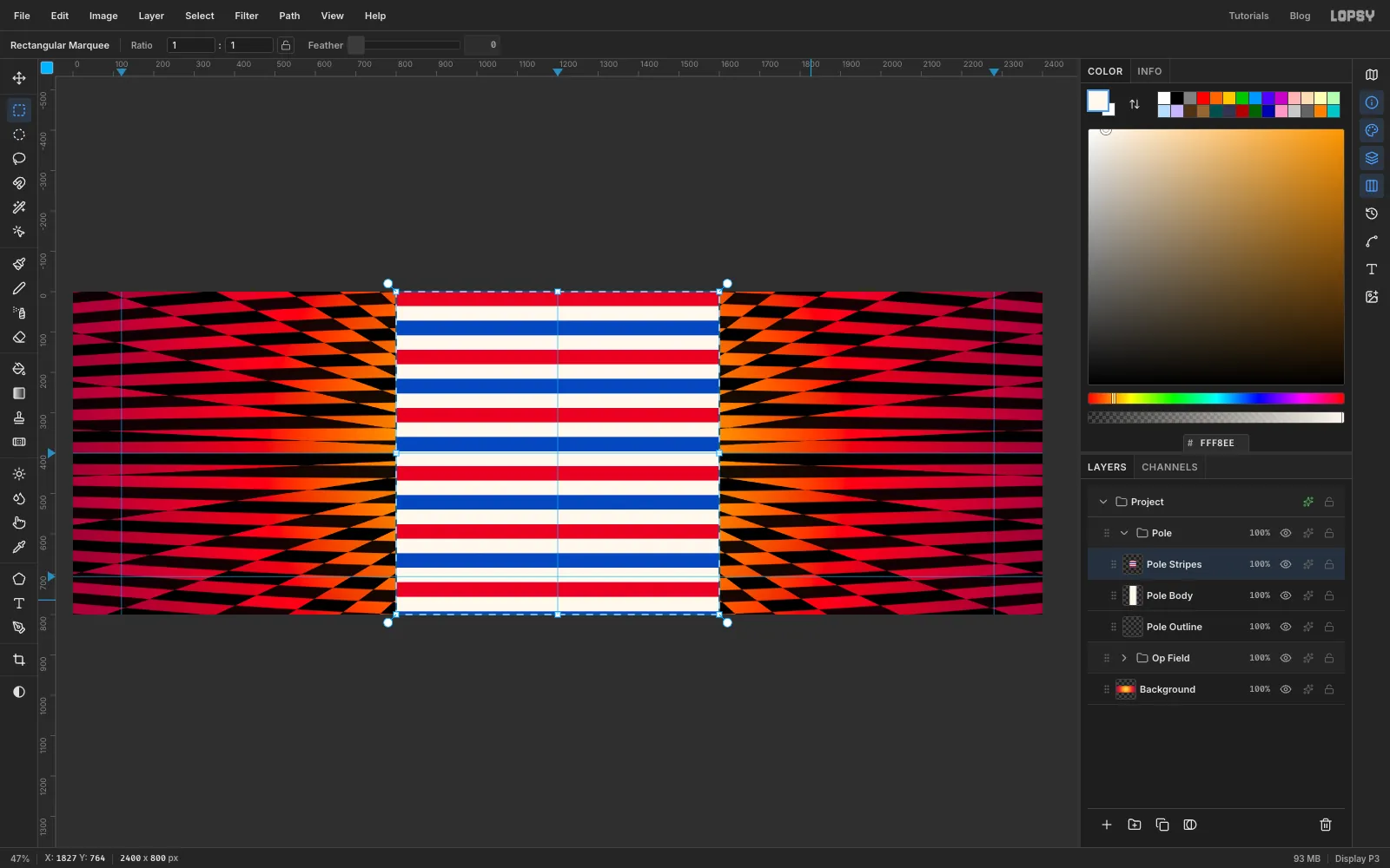 A square marquee in the middle of the canvas filled with horizontal red, white, blue and white bands