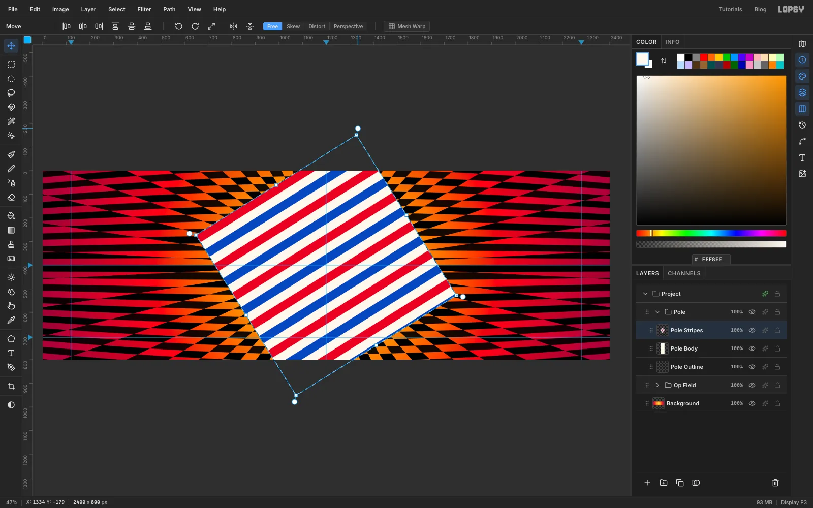 The striped square rotated about 32 degrees anticlockwise with the Move tool's transform box and handles showing