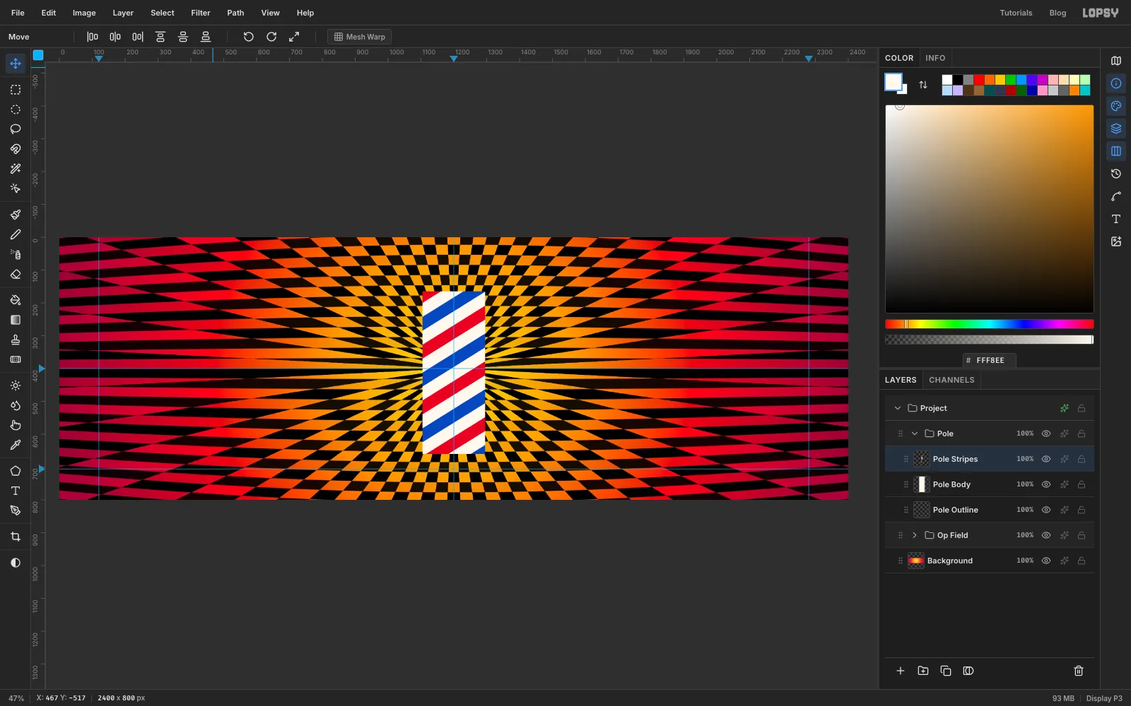 Only the part of the stripes inside the pole remains: diagonal red, white and blue bands on the tall rectangle