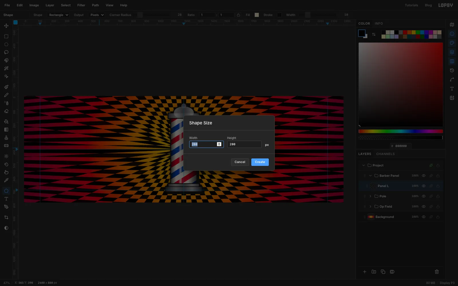 The Shape Size dialog open over the canvas, asking for the width and height of the new shape
