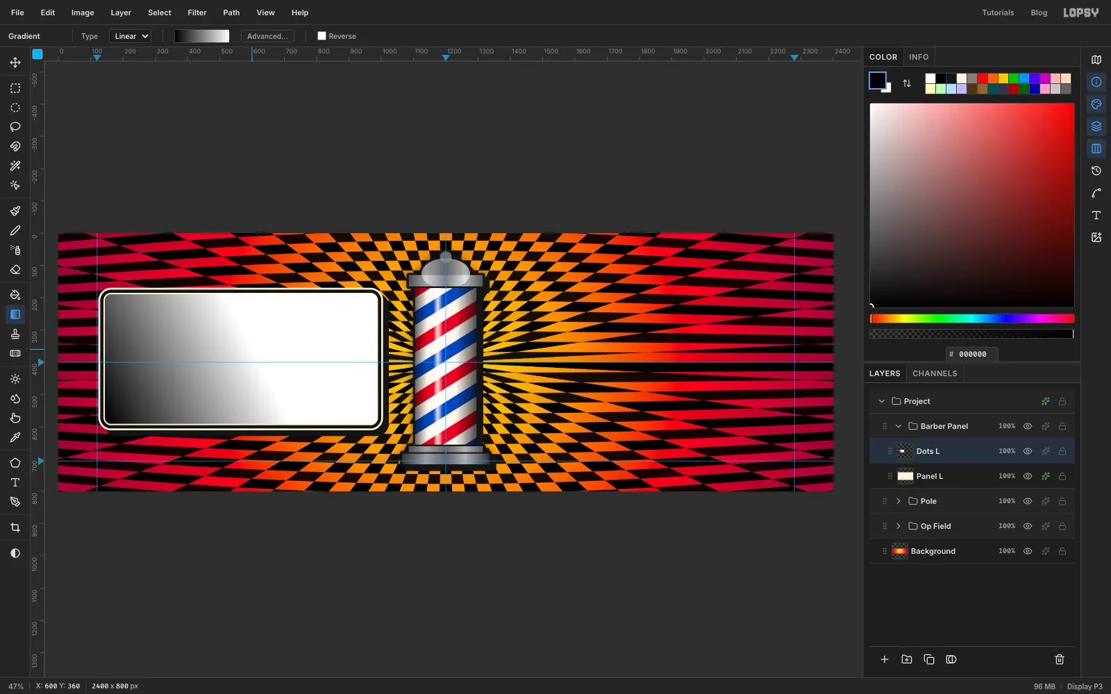 A black to white gradient filling the inside of the panel, darkest at the bottom-left corner