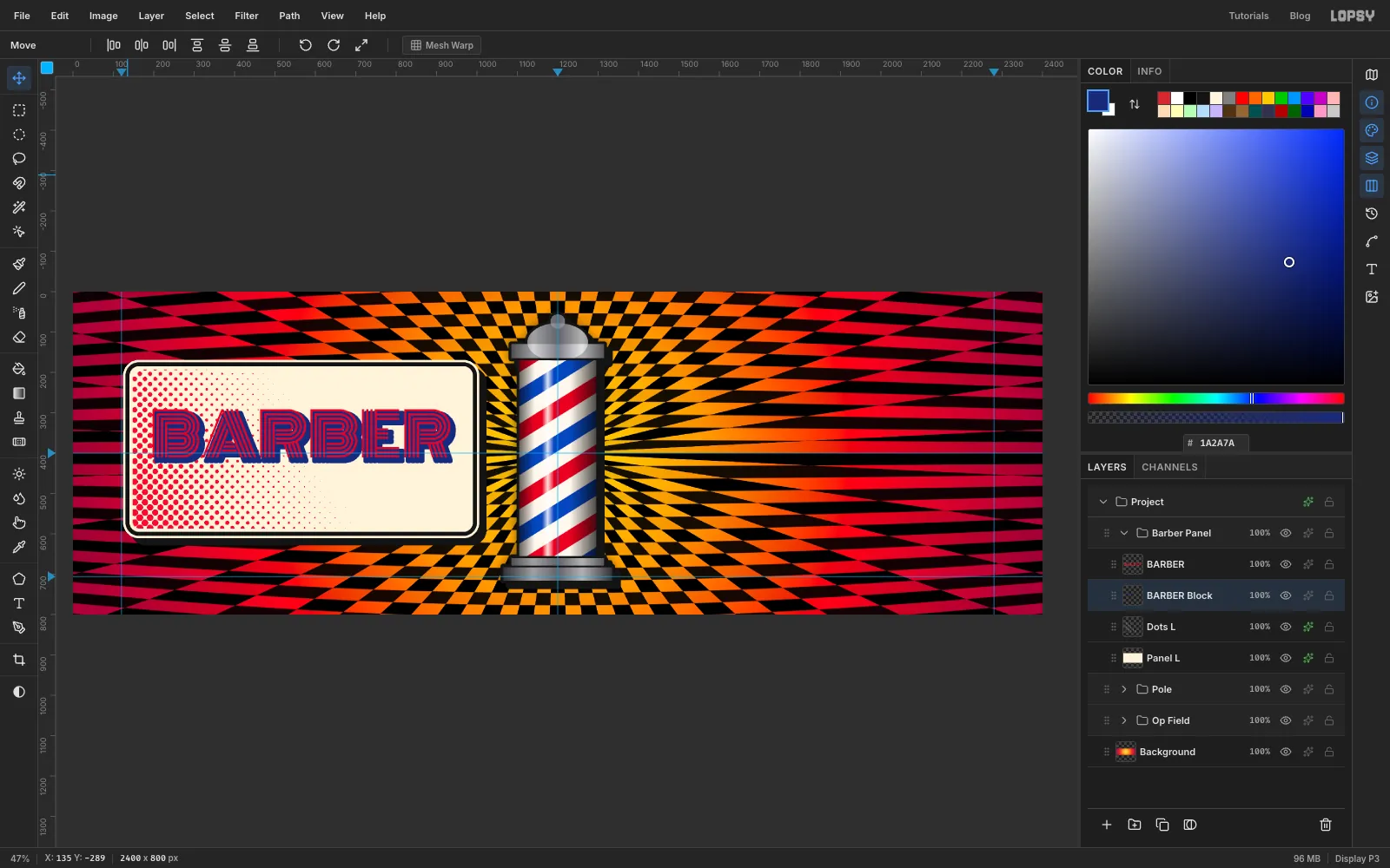 BARBER now has a solid navy shadow behind its red lines, offset down and to the right