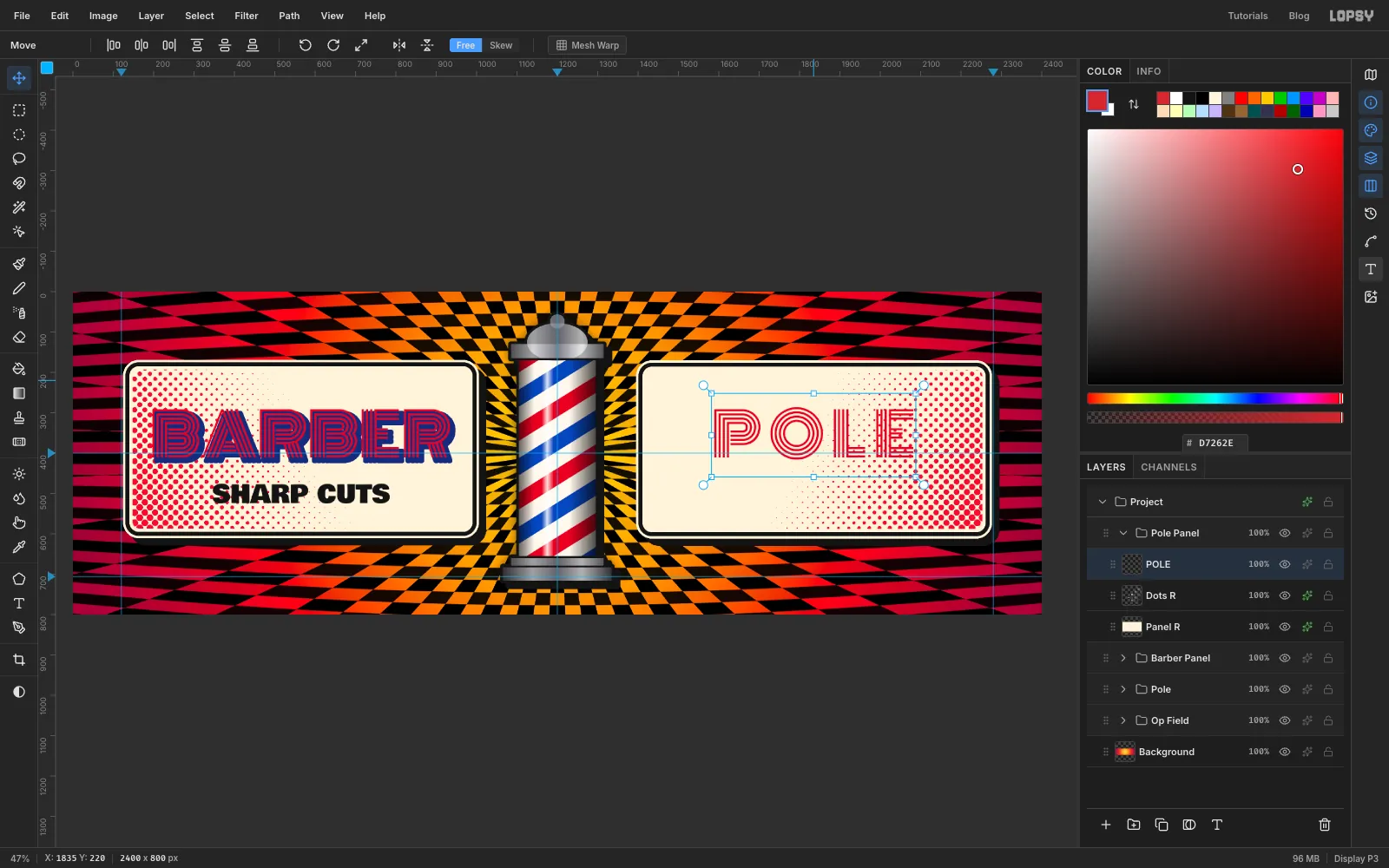 POLE in red Monoton centred on the right panel, tracked out so it fills the panel like BARBER