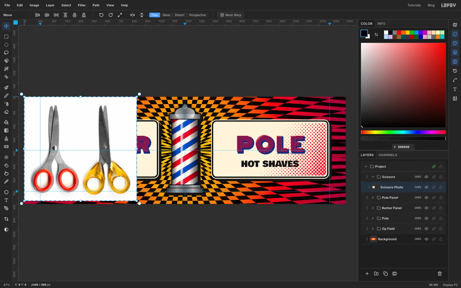 The scissors photo pasted at the top-left corner of the canvas, both pairs on a white background, with the Move tool's transform box around it
