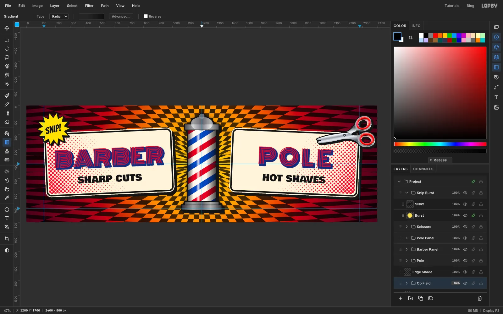 The checker darkened towards the left and right ends of the billboard and slightly toned down overall, so the panels stand out