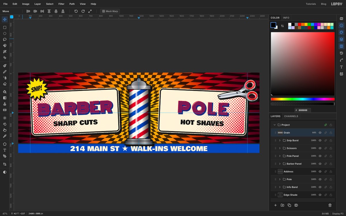 Lopsy with the finished Barber Pole billboard open. A chrome-capped red, white and blue barber pole stands between two tilted cream comic panels reading BARBER and POLE, over a black and orange op-art checker that radiates from the pole, with the Layers panel listing the Grain, Snip Burst, Scissors, Pole Panel and Barber Panel groups