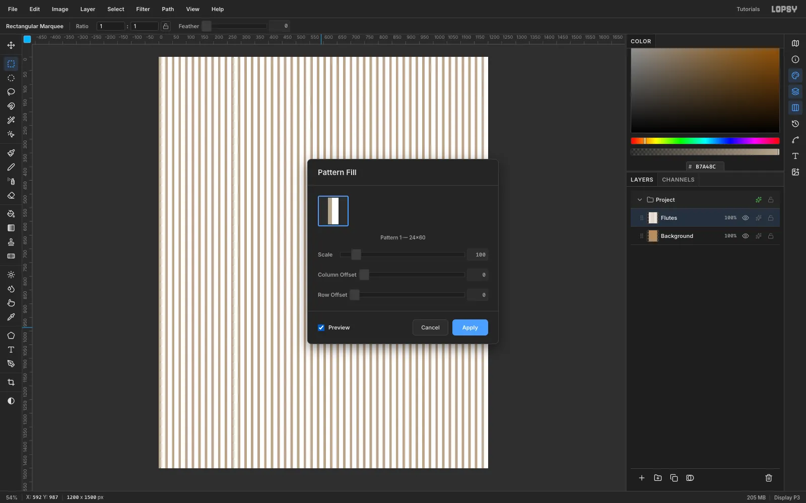 The Pattern Fill dialog with a 24 by 60 pattern tile selected and its preview covering the canvas in pale vertical stripes