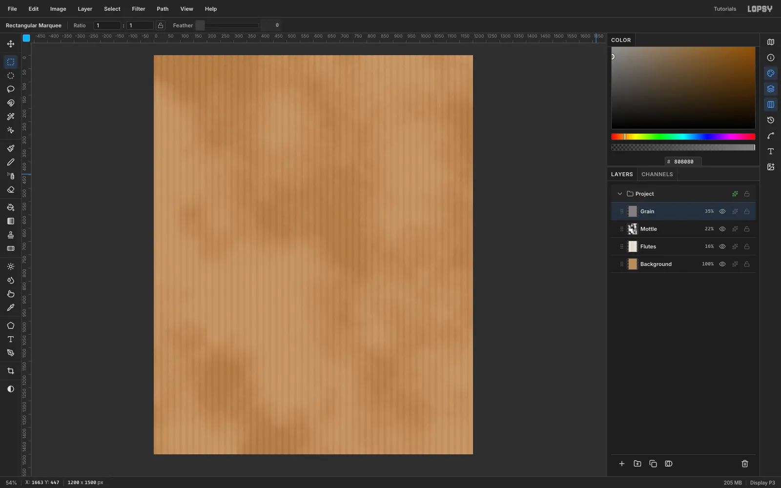 Kraft cardboard with soft vertical ridges, faint cloudy patches and a fine vertical grain