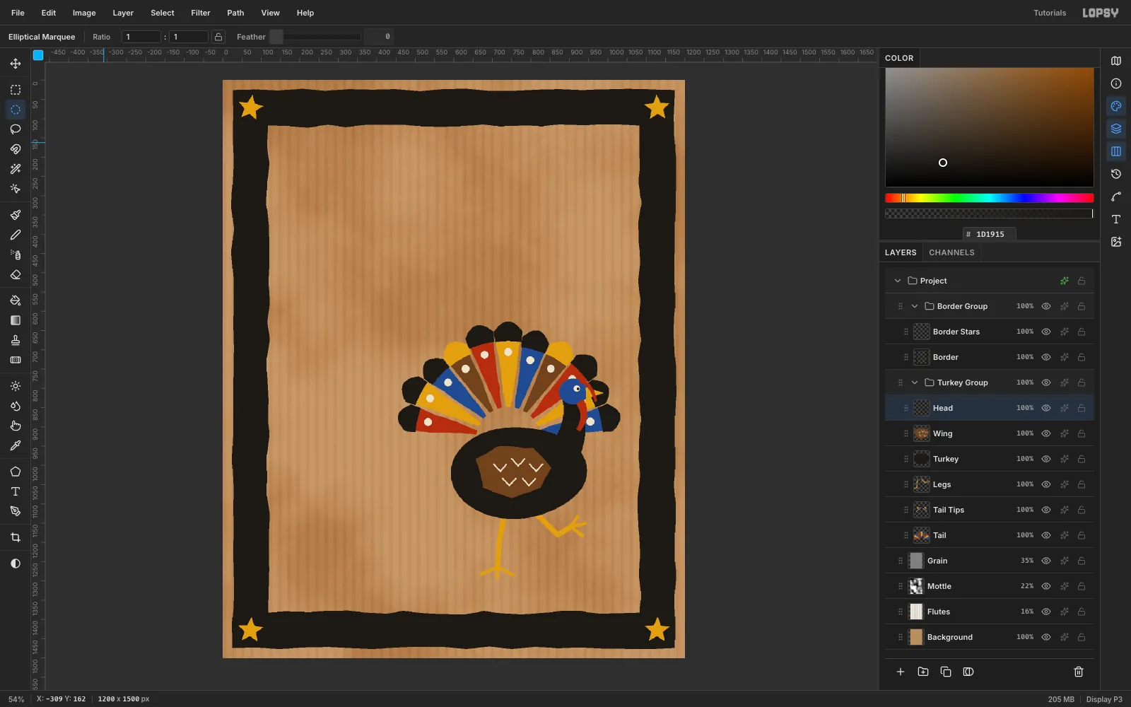 The turkey complete: a black pear-shaped body with a brown wing marked with chalk chevrons, ochre stick legs with one lifted mid-stride, and a cobalt head with a red wattle and ochre beak
