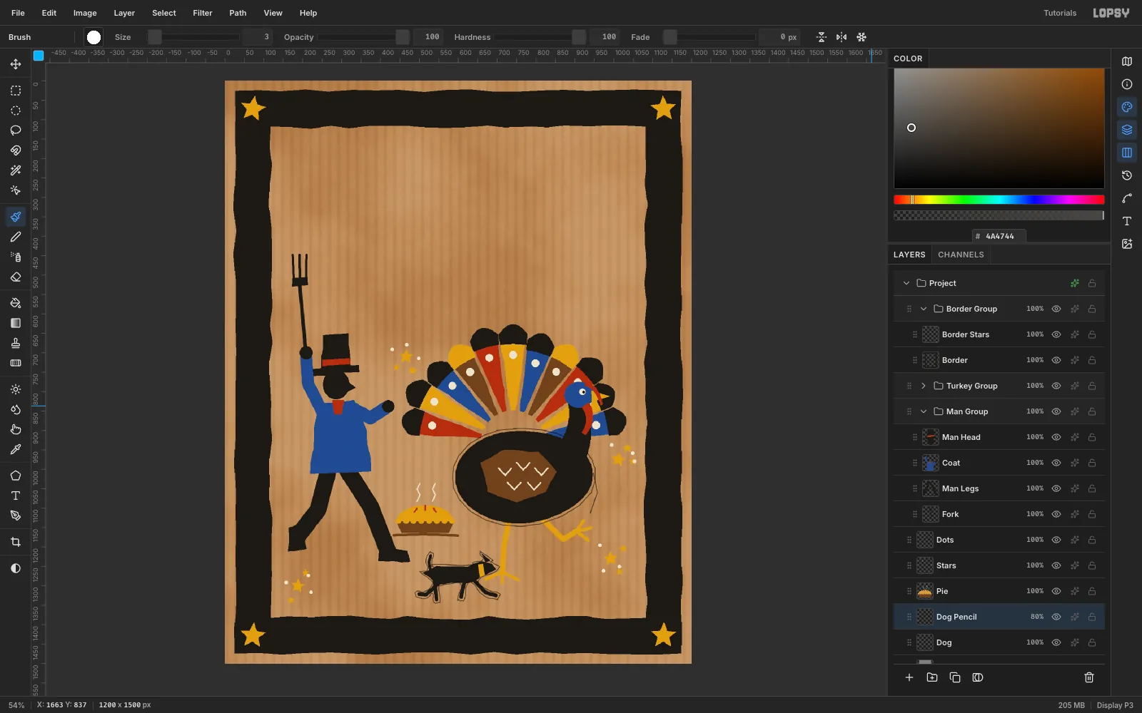 Thin graphite lines running around the turkey's body and the dog, sitting a few pixels outside the paint like an artist's sketch